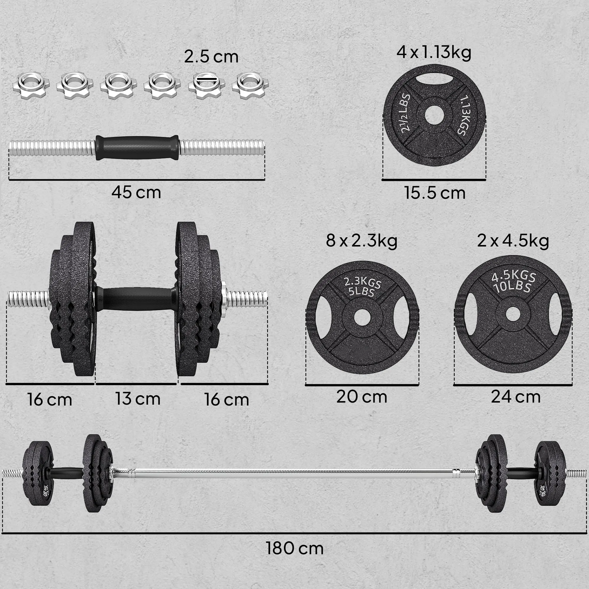 2-in-1 42 kg Gym Weights with 14 Discs, Barbell and Dumbbells, Steel, 180x24x24 cm, Black - Image 3