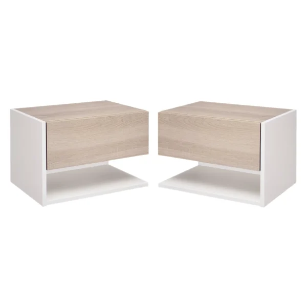 Set of 2 Wall-Mounted Bedside Tables with Drawer and Shelf, Modern Bedroom Furniture, White and Oak