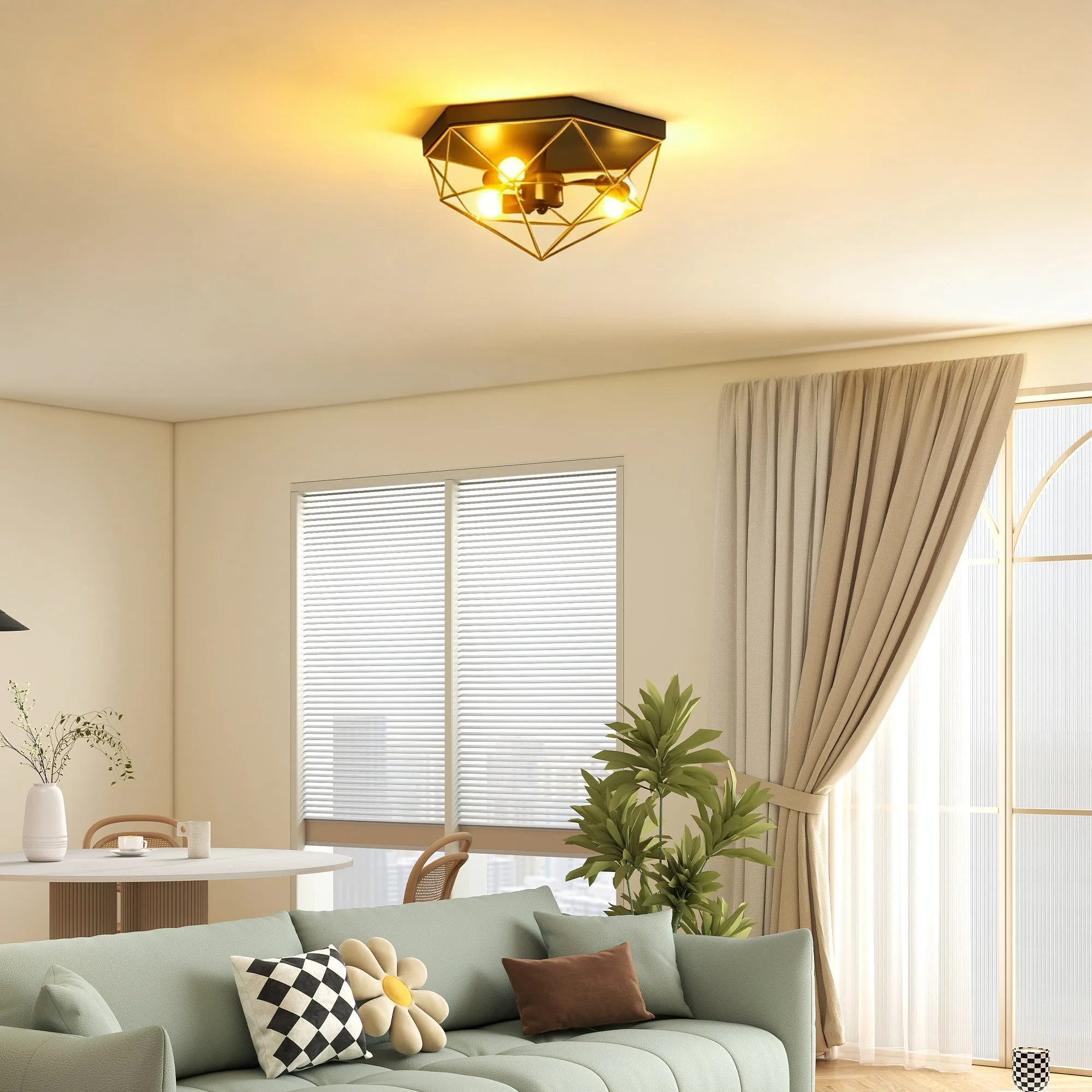 Industrial Style Geometric Ceiling Lamp with 3 E27 Sockets for LED Bulbs, Black and Gold - Image 2