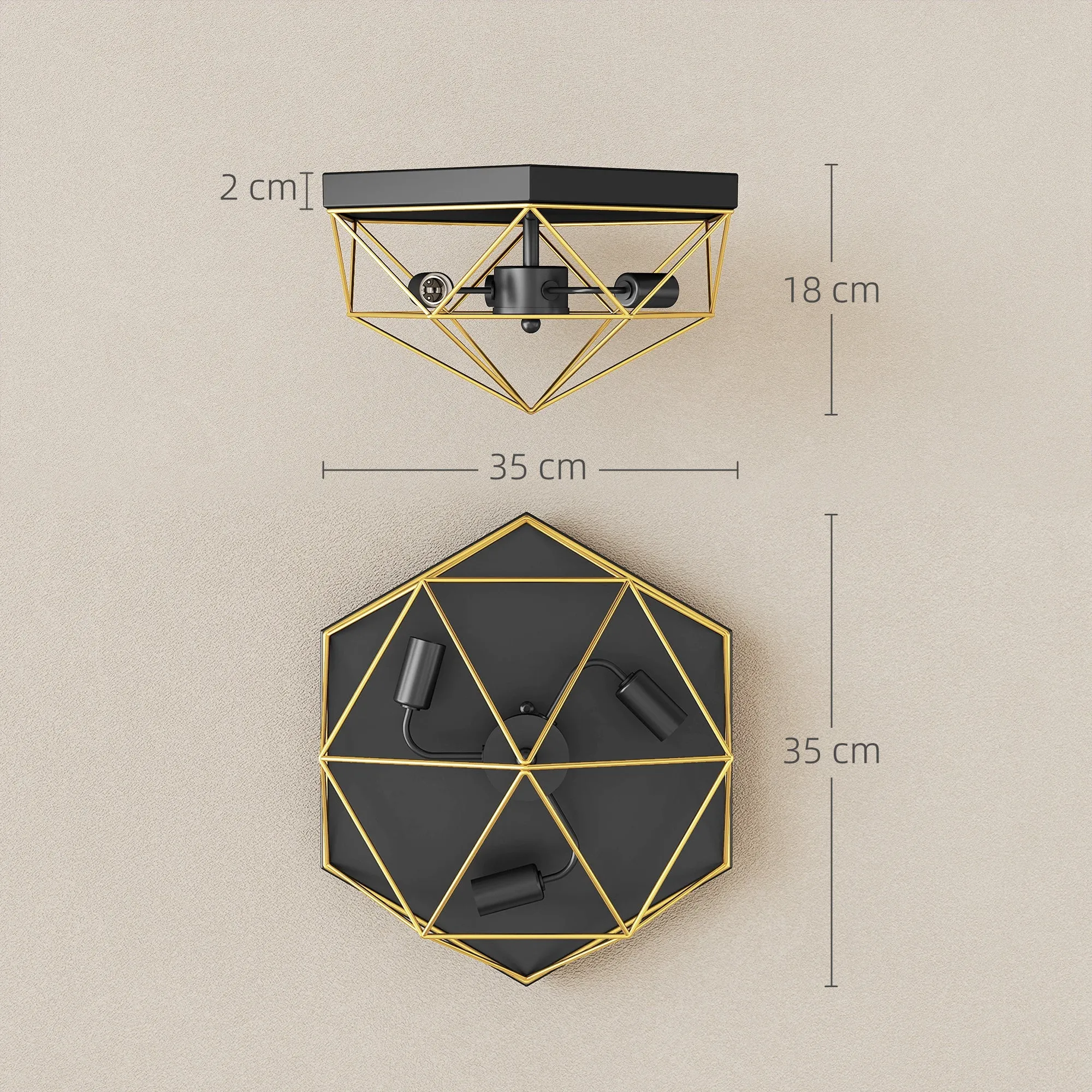 Industrial Style Geometric Ceiling Lamp with 3 E27 Sockets for LED Bulbs, Black and Gold - Image 3