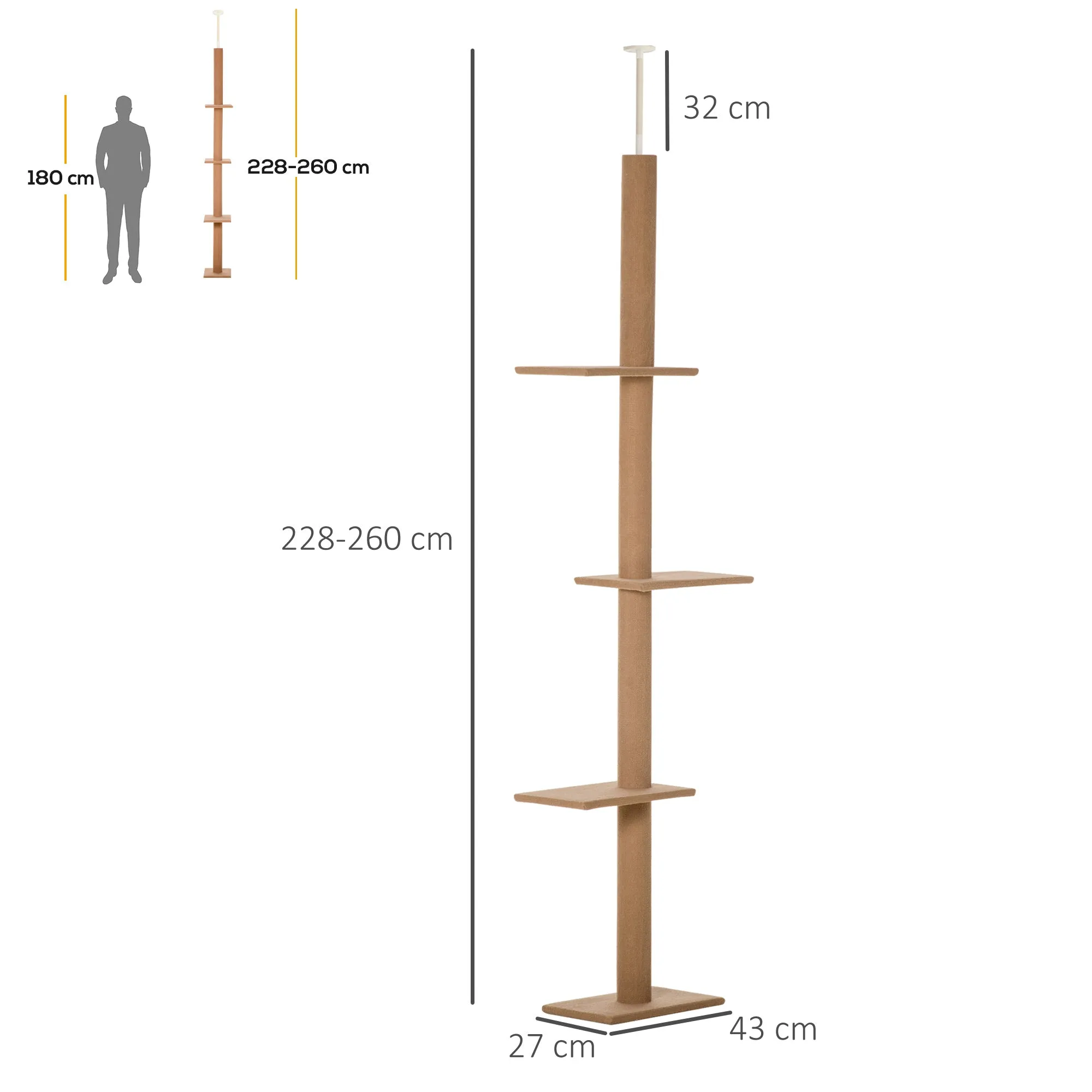 4-Tier Cat Scratching Tree, Adjustable Ceiling Mount, 43x27x228-260cm - Image 3