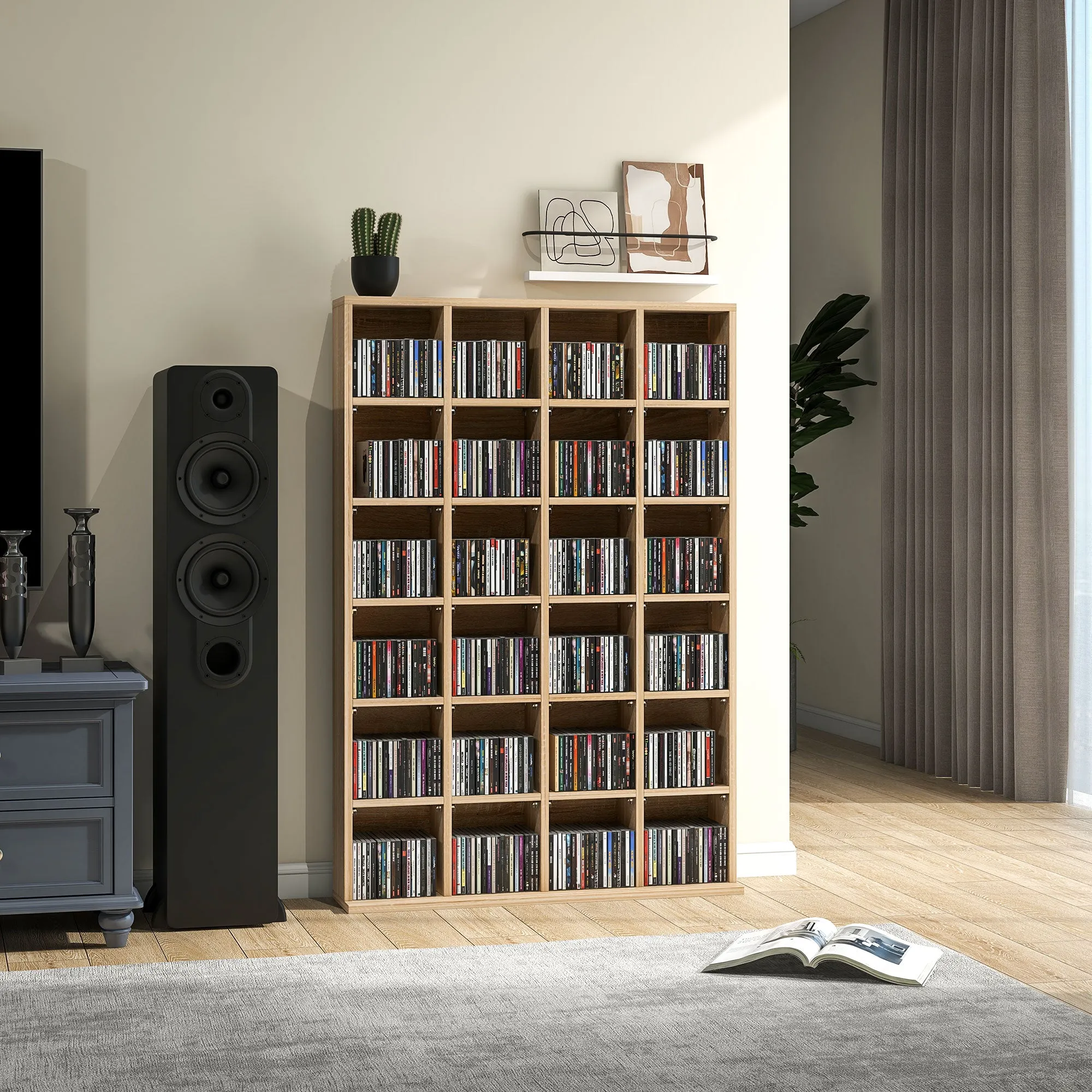 CD Cabinet with Adjustable Shelves for 456 CDs or 336 DVDs, 24 Compartments, 89x20x130.5 cm, Wood - Image 2