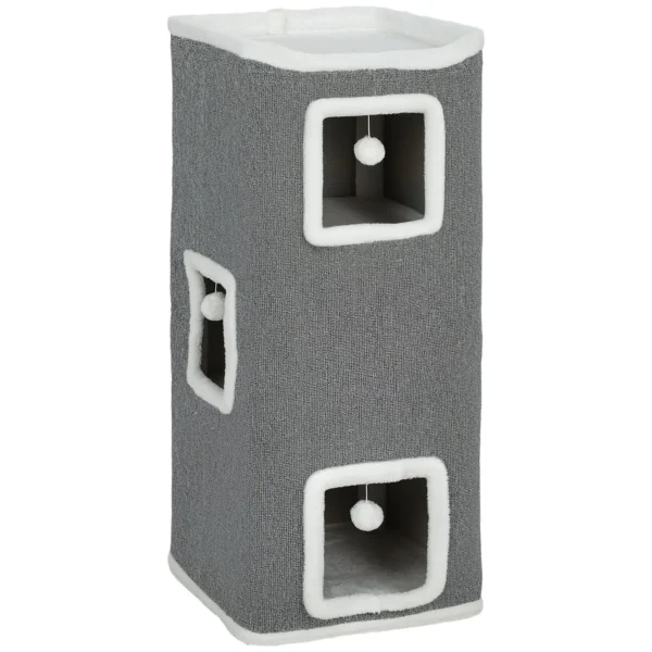 Tower with 3 Houses, 3 Balls and Perch, Made of Wood, Fabric and Plush, 41x41x100 cm, Grey and White