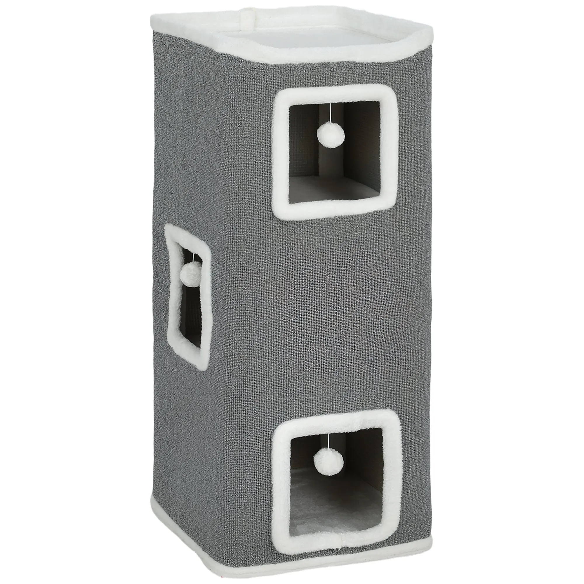 Tower with 3 Houses, 3 Balls and Perch, Made of Wood, Fabric and Plush, 41x41x100 cm, Grey and White