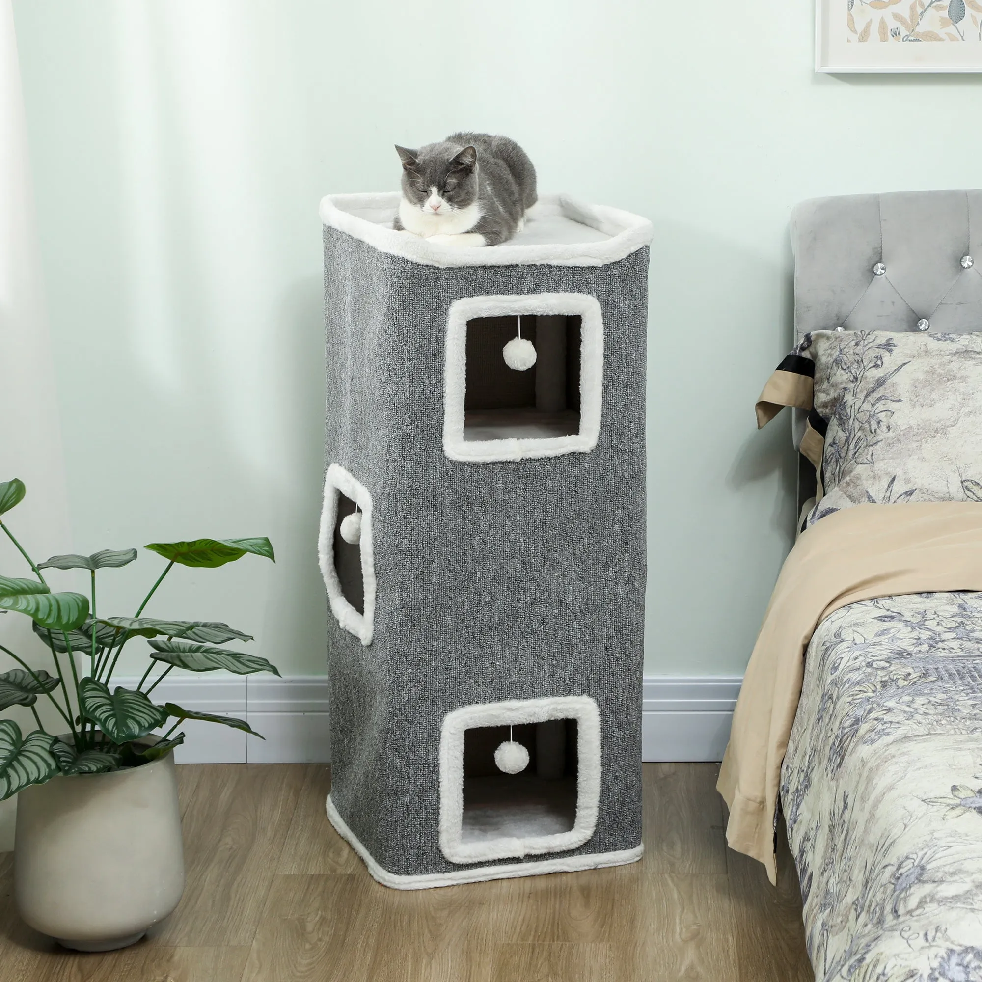 Tower with 3 Houses, 3 Balls and Perch, Made of Wood, Fabric and Plush, 41x41x100 cm, Grey and White - Image 2