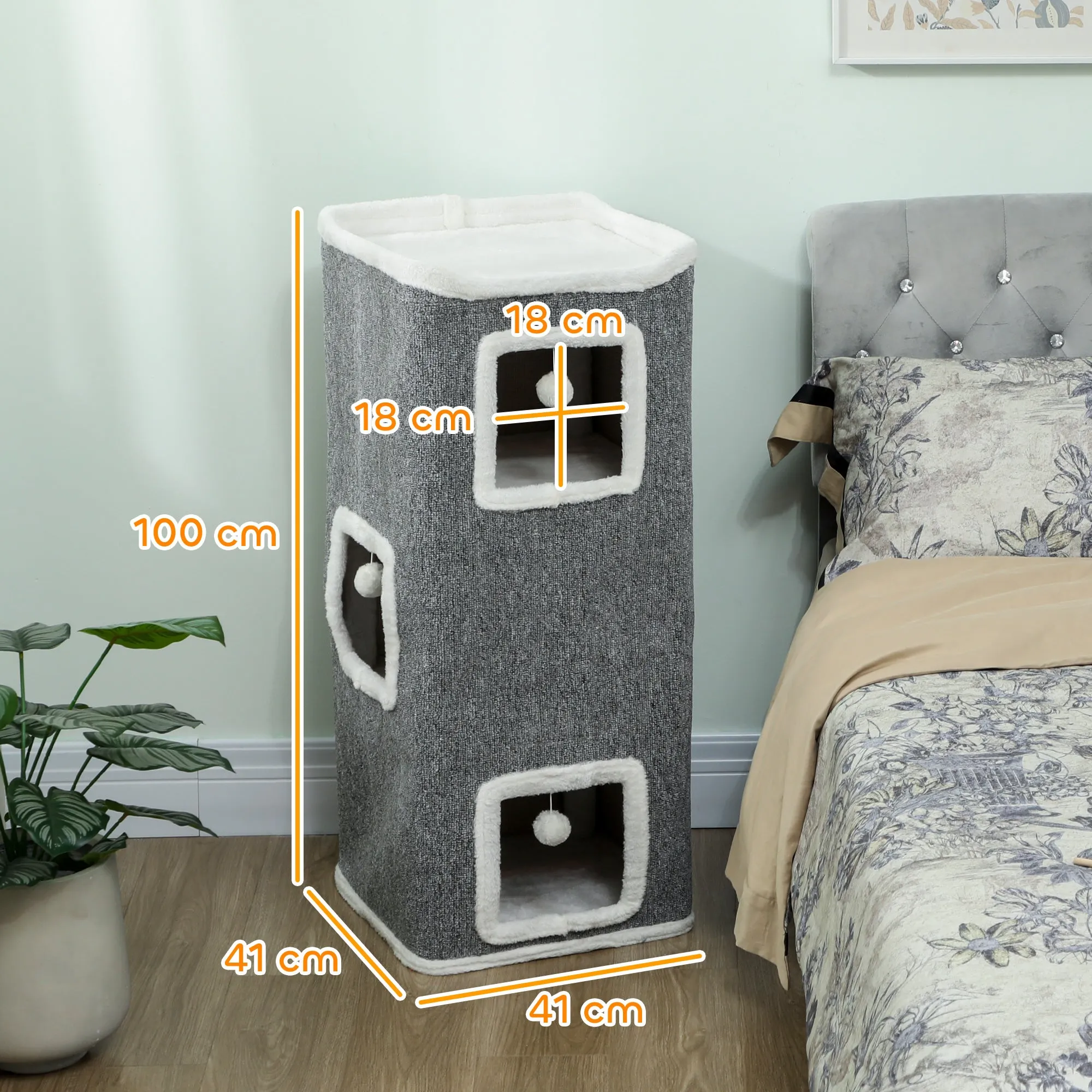 Tower with 3 Houses, 3 Balls and Perch, Made of Wood, Fabric and Plush, 41x41x100 cm, Grey and White - Image 3
