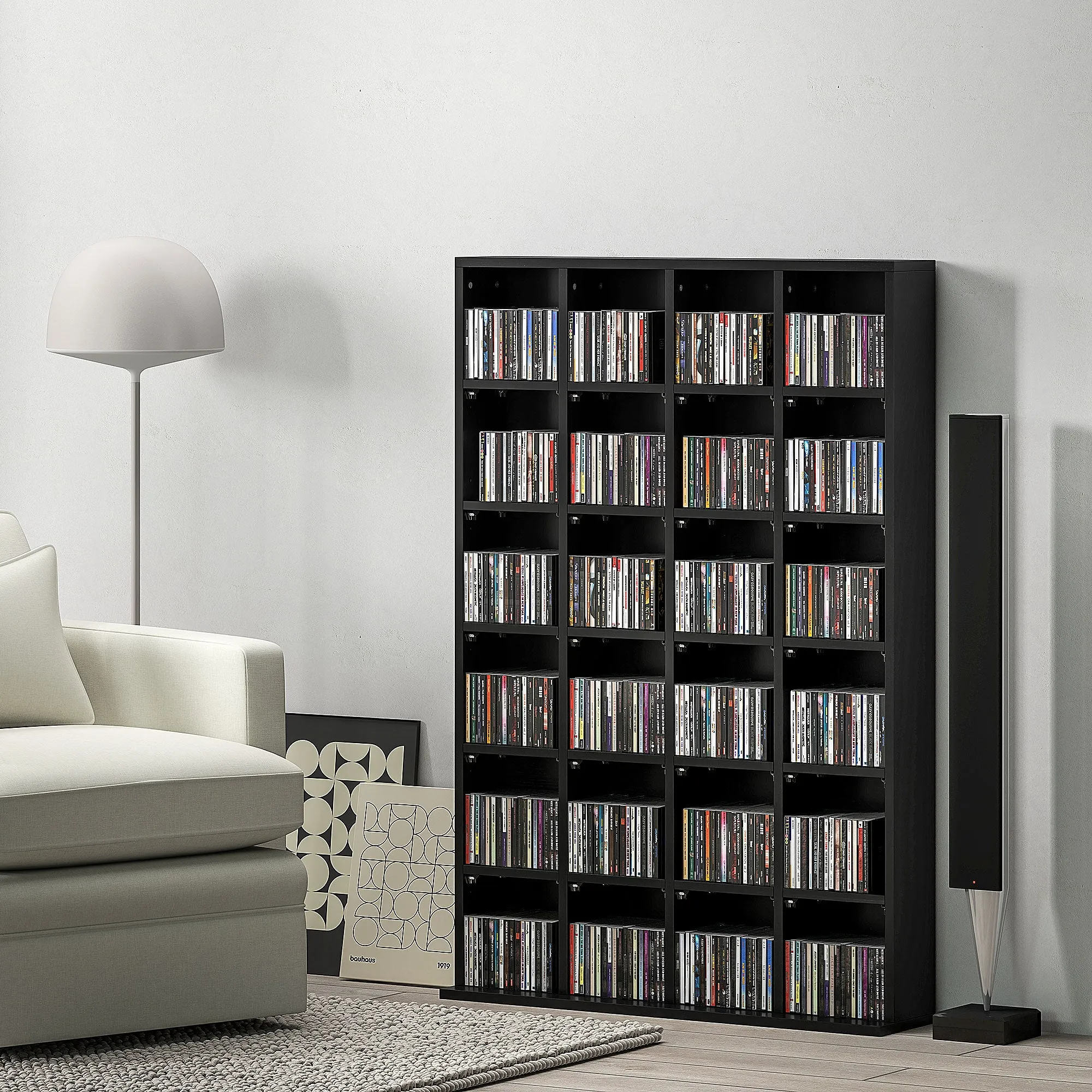 CD Cabinet with Adjustable Shelves for 456 CDs or 336 DVDs, 24 Compartments, 89x20x130.5 cm, Black - Image 2