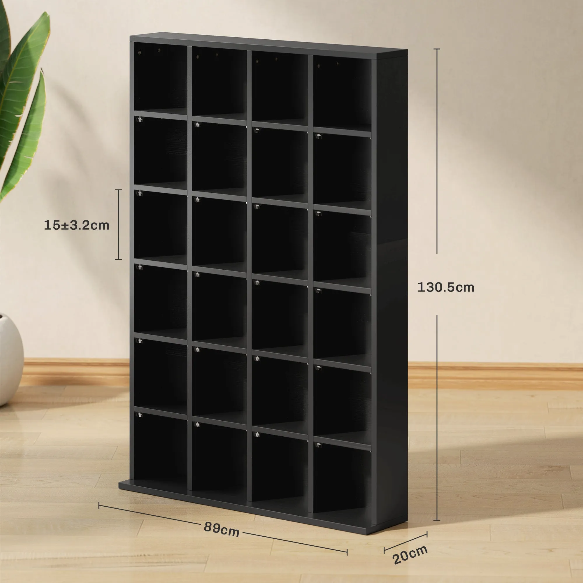 CD Cabinet with Adjustable Shelves for 456 CDs or 336 DVDs, 24 Compartments, 89x20x130.5 cm, Black - Image 3