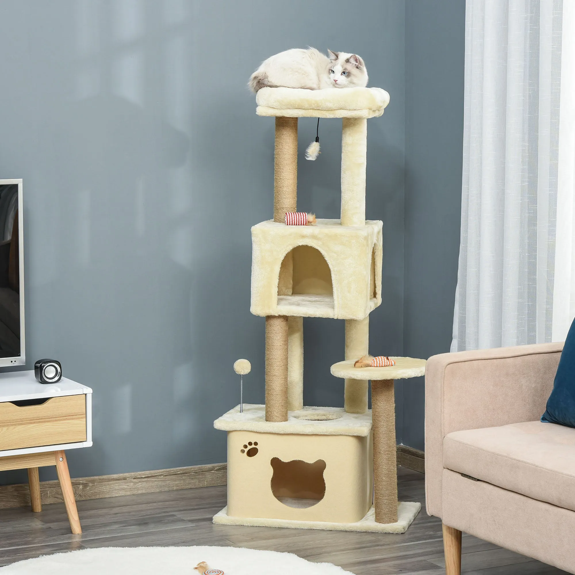 Cat Tree, 136 cm Tall, with Removable House, Cat House and Bed, Jute Poles, Beige - Image 2