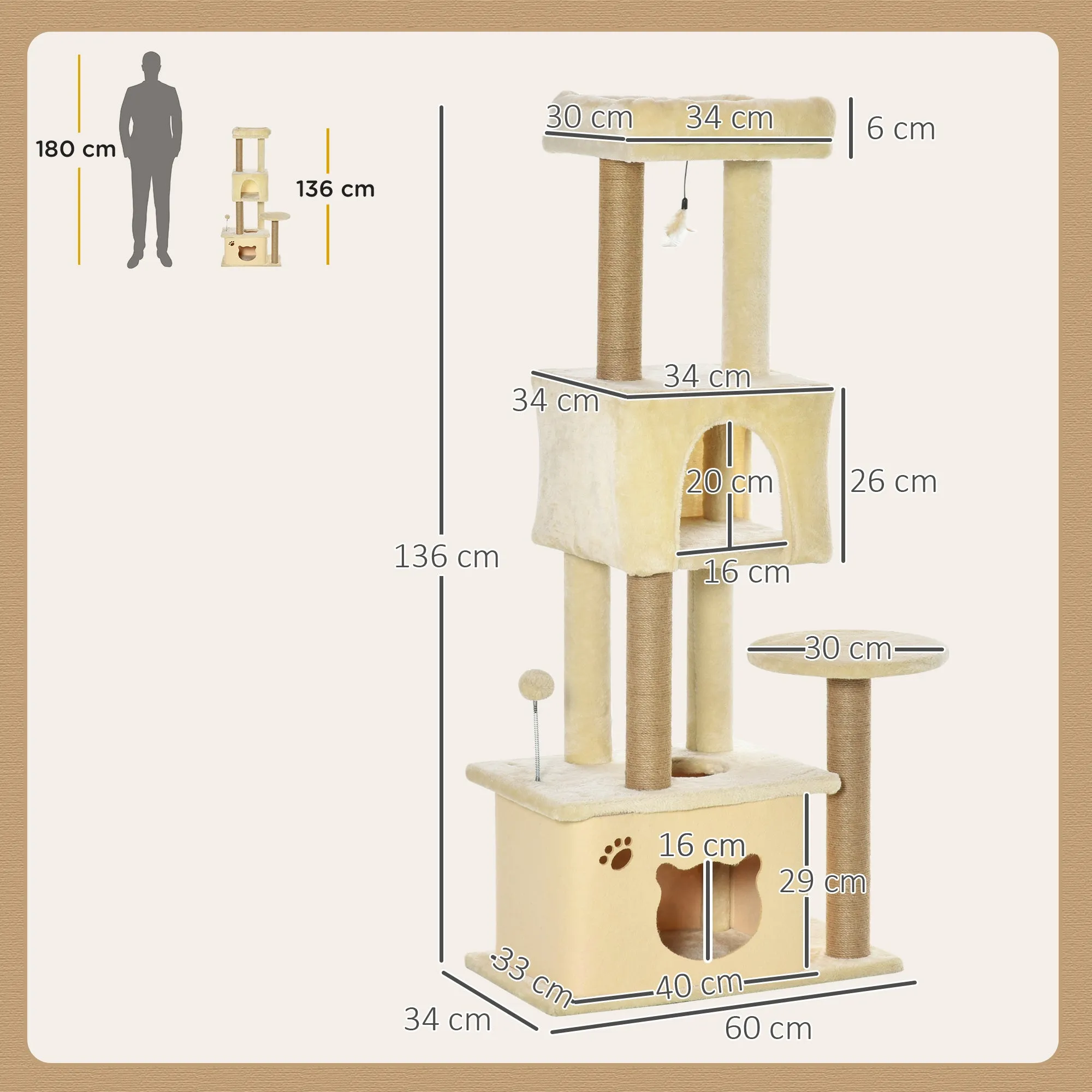 Cat Tree, 136 cm Tall, with Removable House, Cat House and Bed, Jute Poles, Beige - Image 3