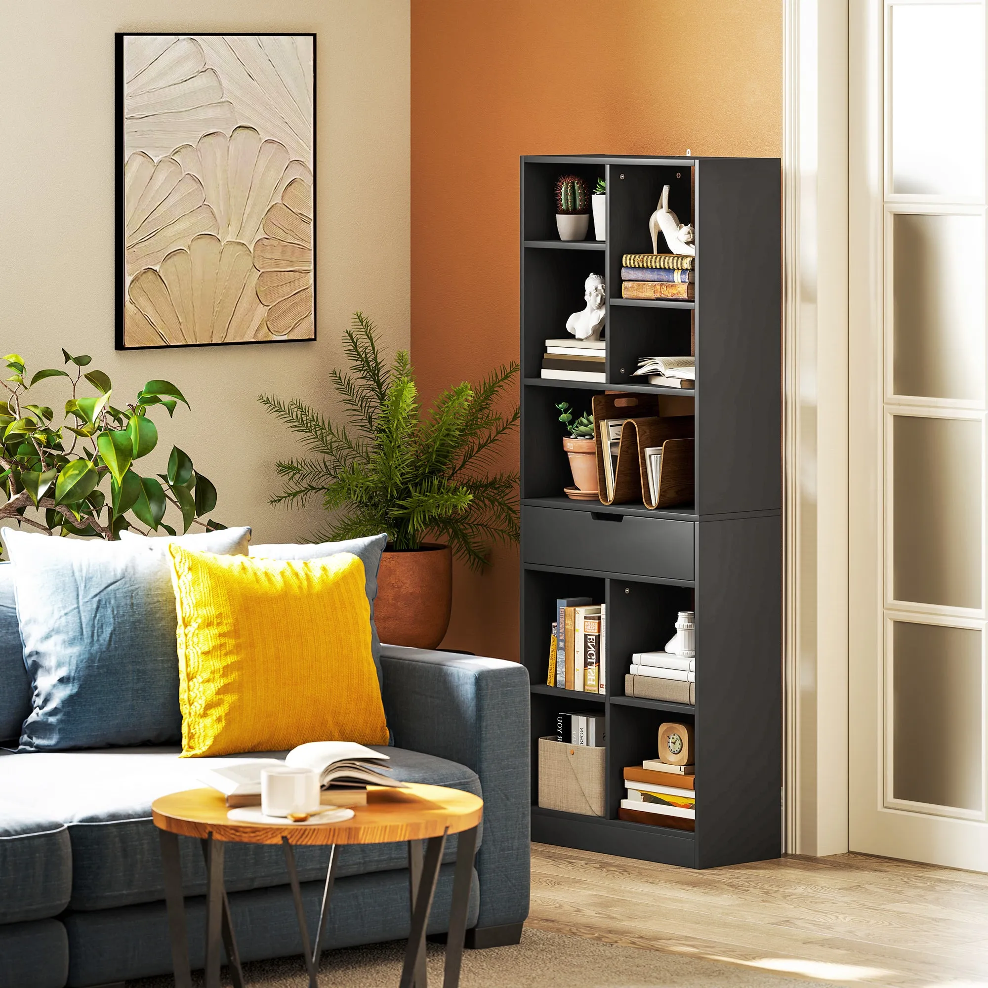 Modern Wooden Bookcase with Central Drawer and Anti-Tip Kit, 60x26x158 cm, Black - Image 2