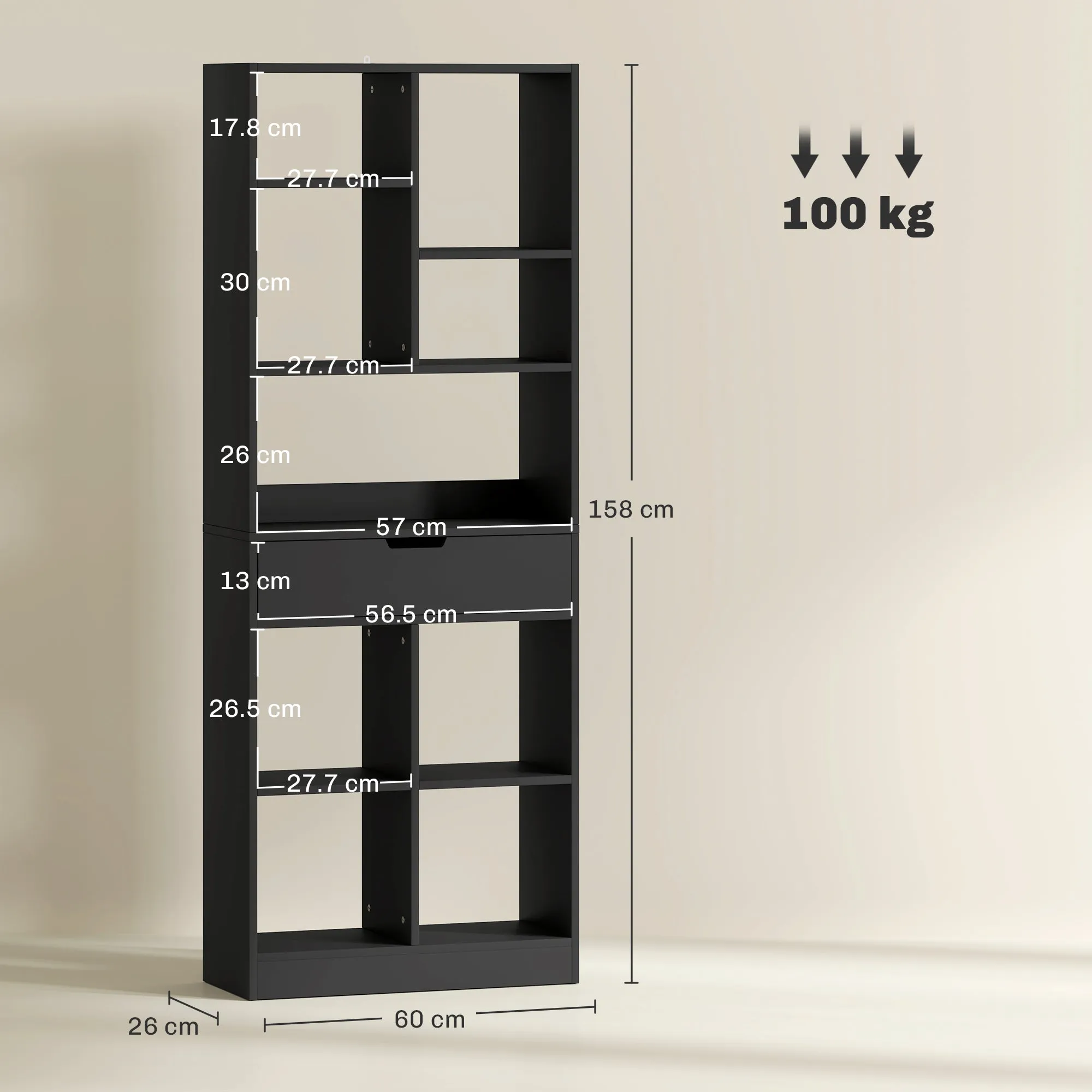 Modern Wooden Bookcase with Central Drawer and Anti-Tip Kit, 60x26x158 cm, Black - Image 3