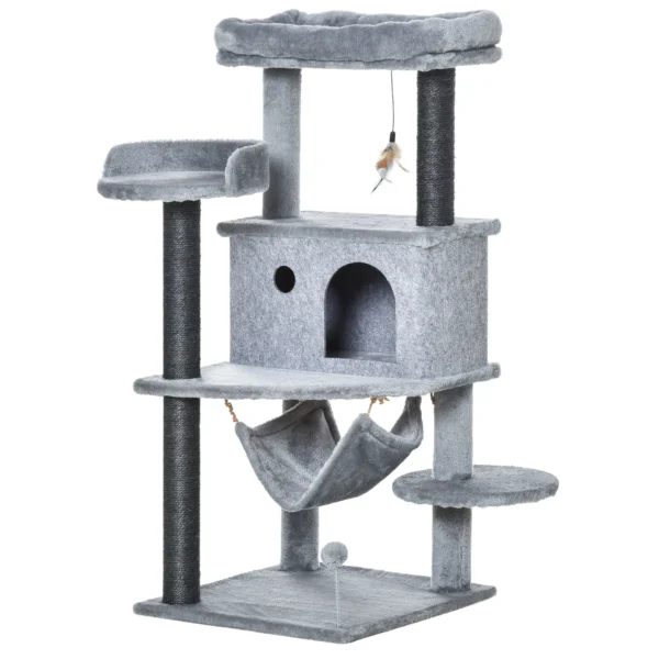 Cat Scratching Tree with Pole, House, Bed, Hammock and 2 Wooden and Plush Toys, 48x48x107 cm, Grey