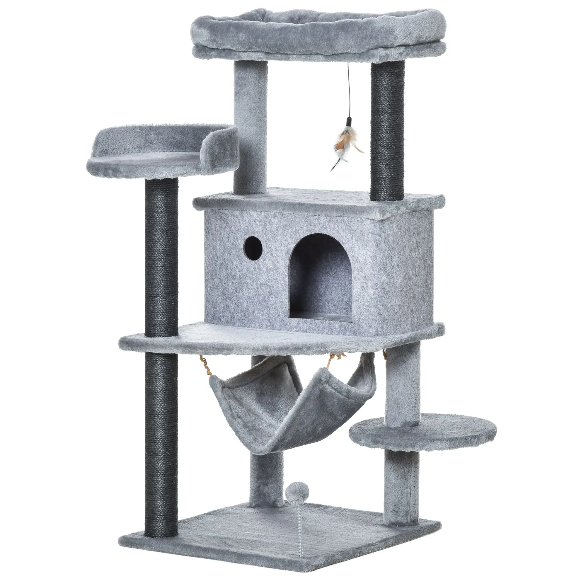 Cat Scratching Tree with Pole, House, Bed, Hammock and 2 Wooden and Plush Toys, 48x48x107 cm, Grey