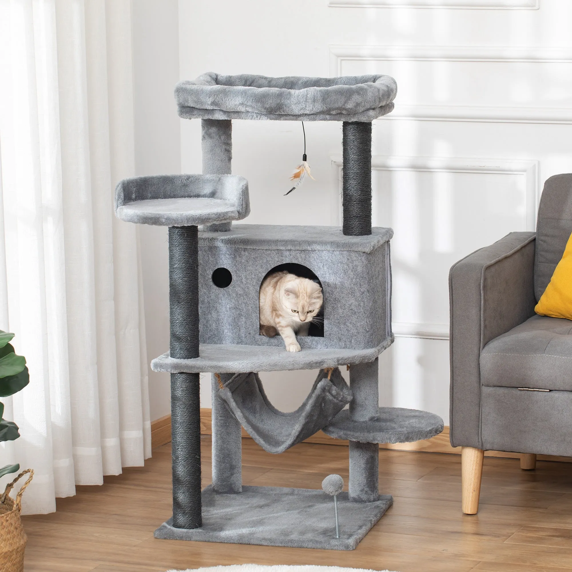 Cat Scratching Tree with Pole, House, Bed, Hammock and 2 Wooden and Plush Toys, 48x48x107 cm, Grey - Image 2