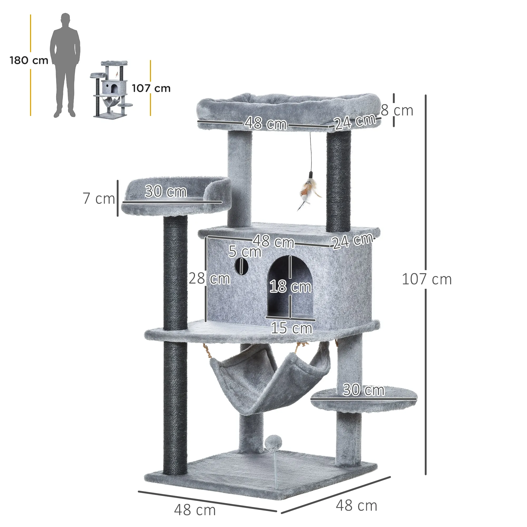 Cat Scratching Tree with Pole, House, Bed, Hammock and 2 Wooden and Plush Toys, 48x48x107 cm, Grey - Image 3