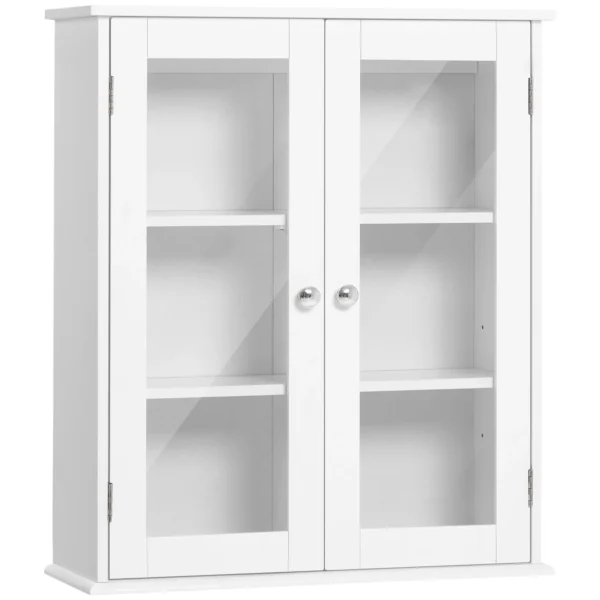 kleankin 2-Door Bathroom Wall Cabinet in Wood and Glass with Adjustable Shelf, 55x20x65 cm, White