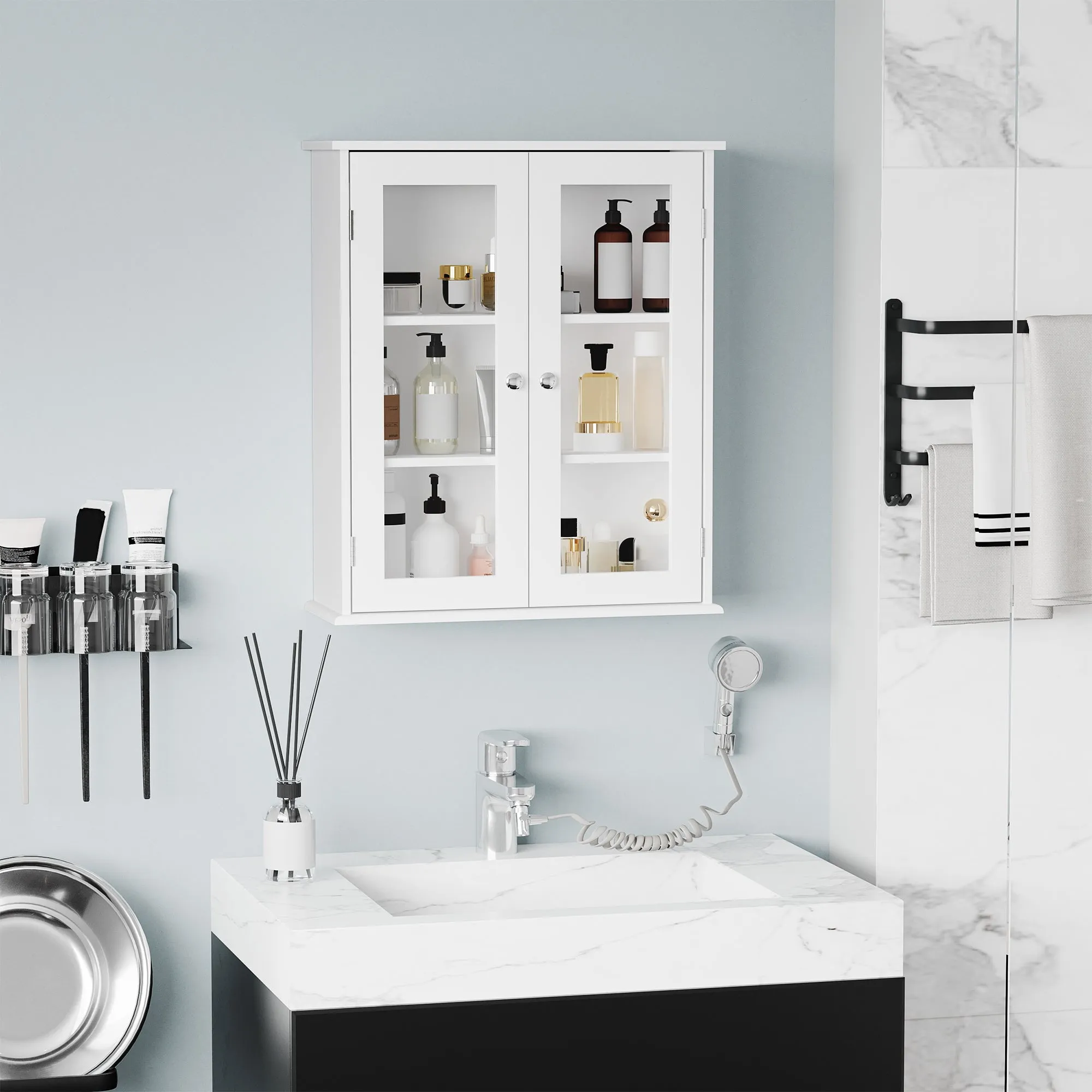 kleankin 2-Door Bathroom Wall Cabinet in Wood and Glass with Adjustable Shelf, 55x20x65 cm, White - Image 2