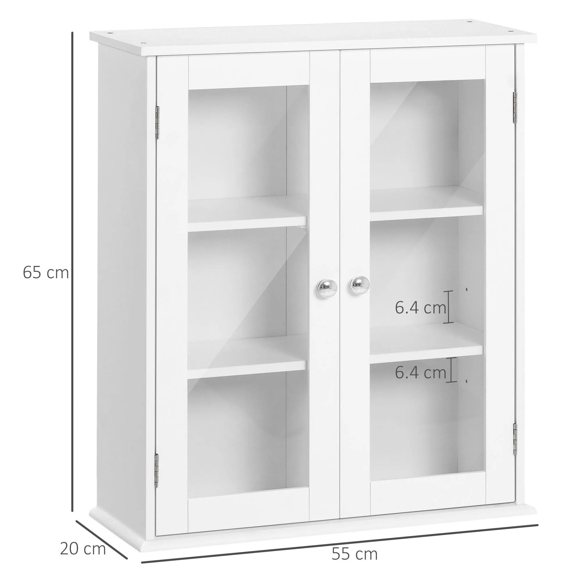 kleankin 2-Door Bathroom Wall Cabinet in Wood and Glass with Adjustable Shelf, 55x20x65 cm, White - Image 3
