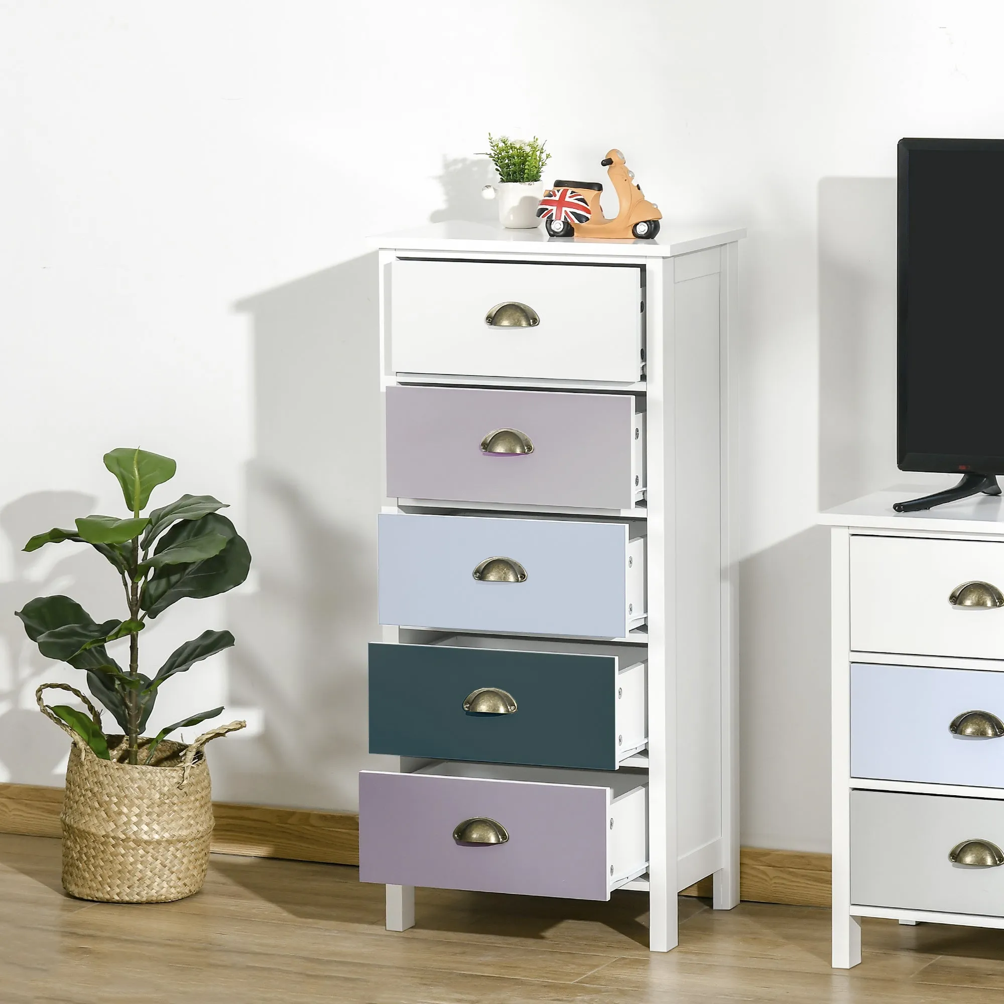 Chest of Drawers with 5 Colourful Drawers, Tall and Space-Saving Dresser, Multi-Coloured Blue - Image 2
