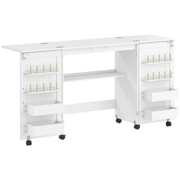Folding Sewing Machine Table with Shelves, 20 Pegs, Lockable Wheels, White