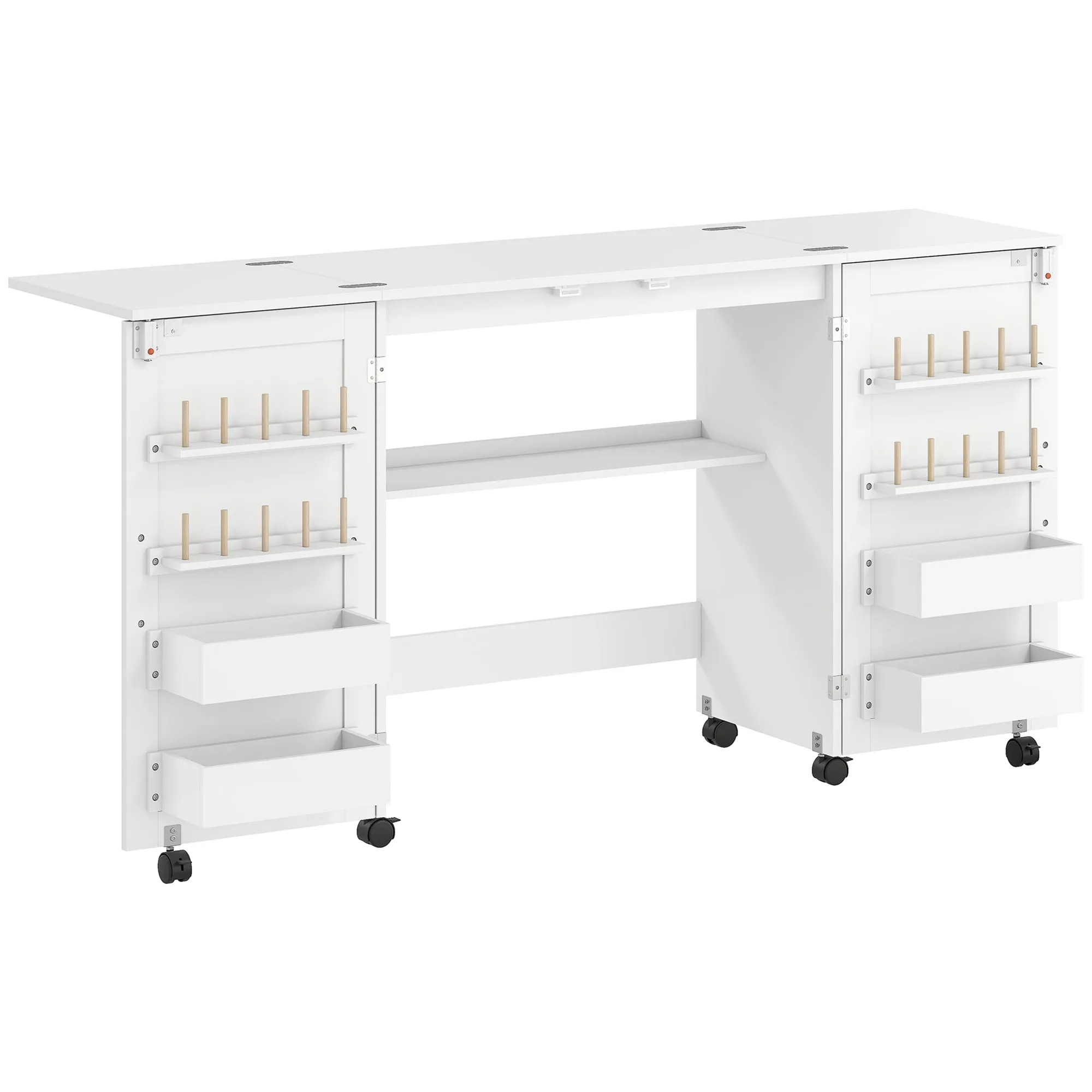 Folding Sewing Machine Table with Shelves, 20 Pegs, Lockable Wheels, White