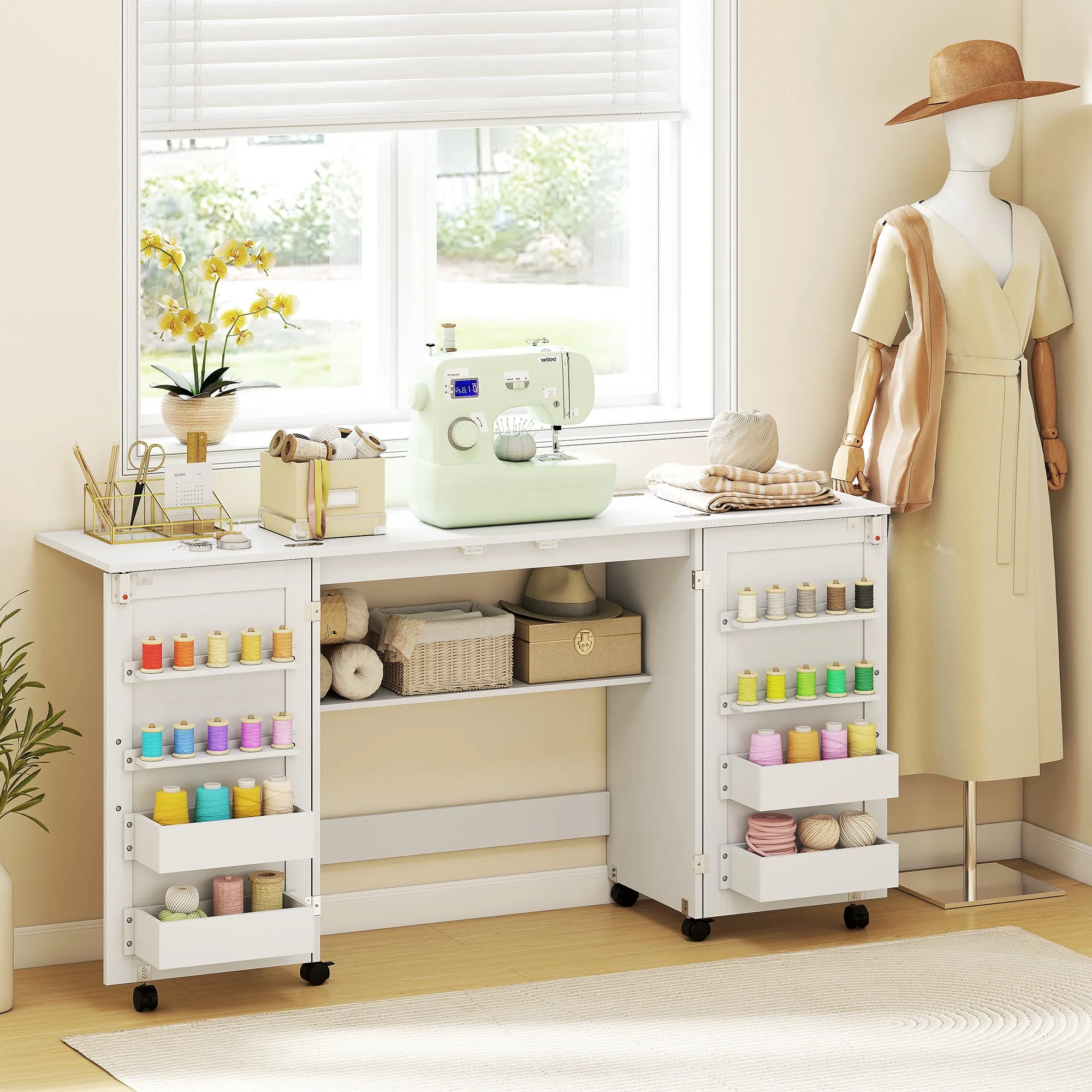 Folding Sewing Machine Table with Shelves, 20 Pegs, Lockable Wheels, White - Image 2
