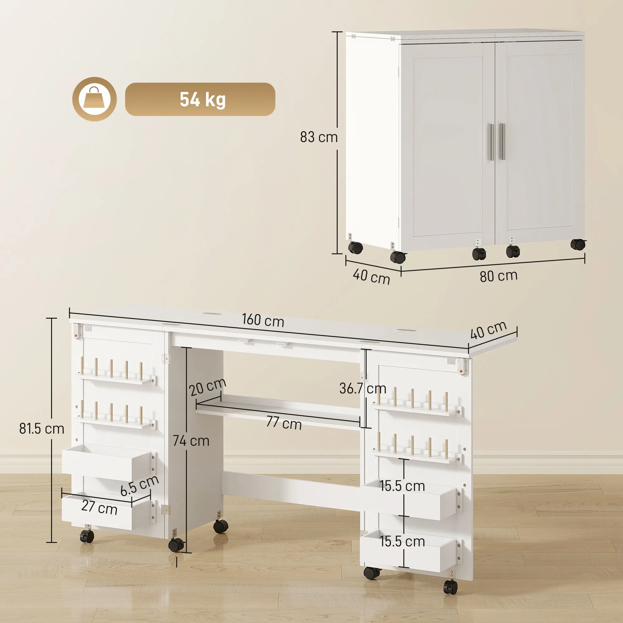 Folding Sewing Machine Table with Shelves, 20 Pegs, Lockable Wheels, White - Image 3