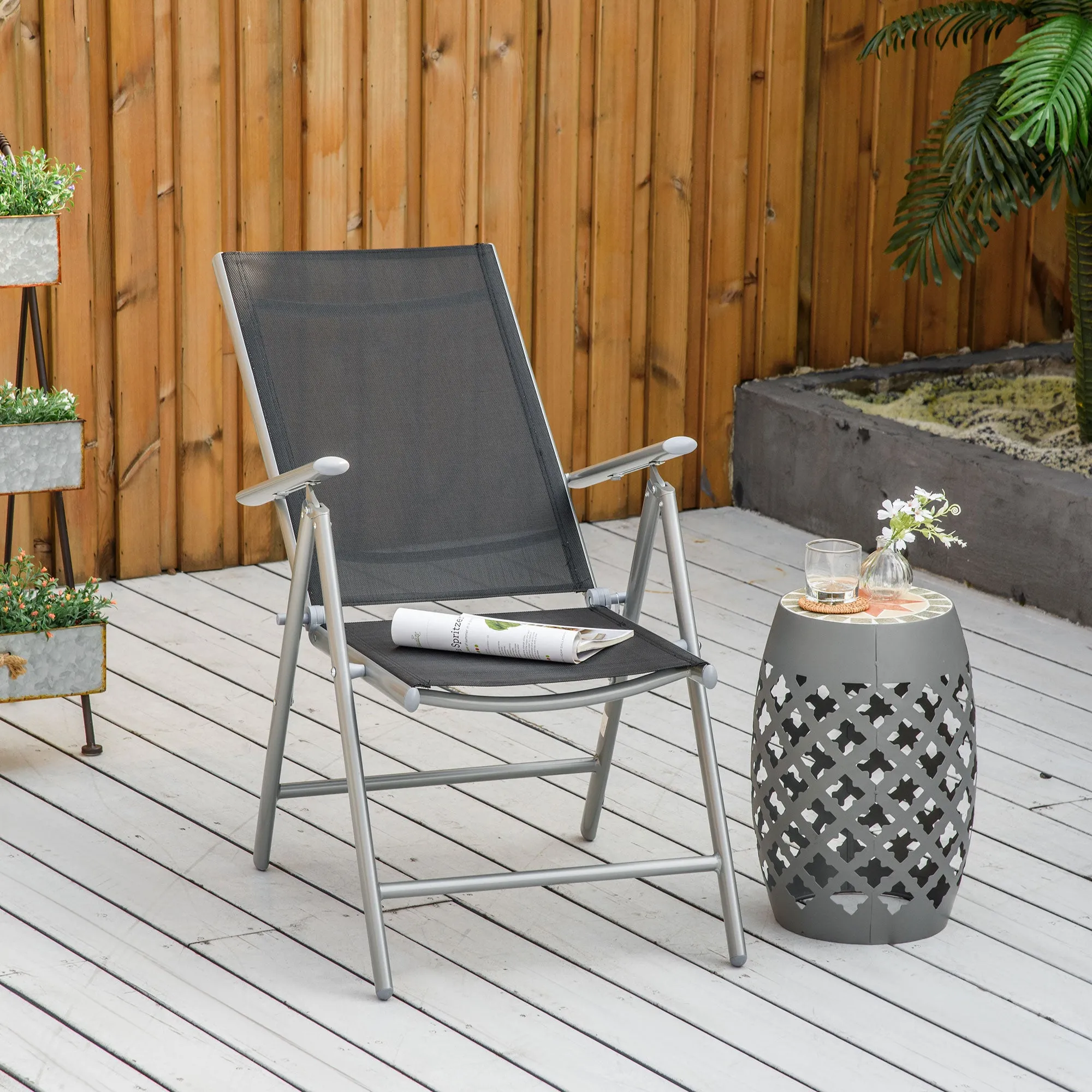 Outsunny Folding Garden Chair in Aluminum and Texteline with 7-Level Adjustable Backrest, Black 65x55x85-105cm - Image 2