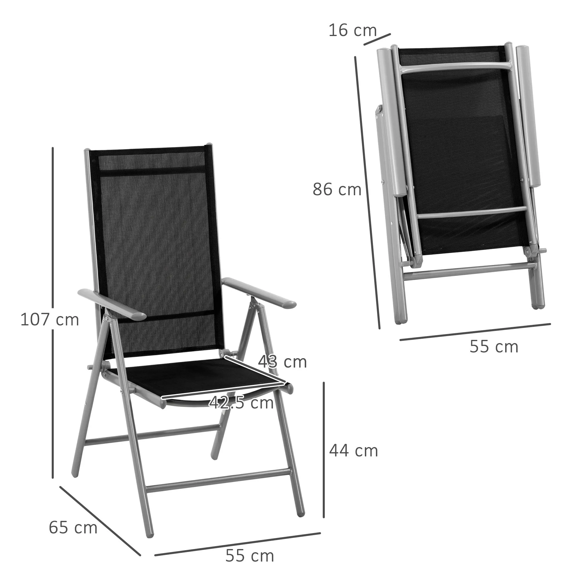 Outsunny Folding Garden Chair in Aluminum and Texteline with 7-Level Adjustable Backrest, Black 65x55x85-105cm - Image 3