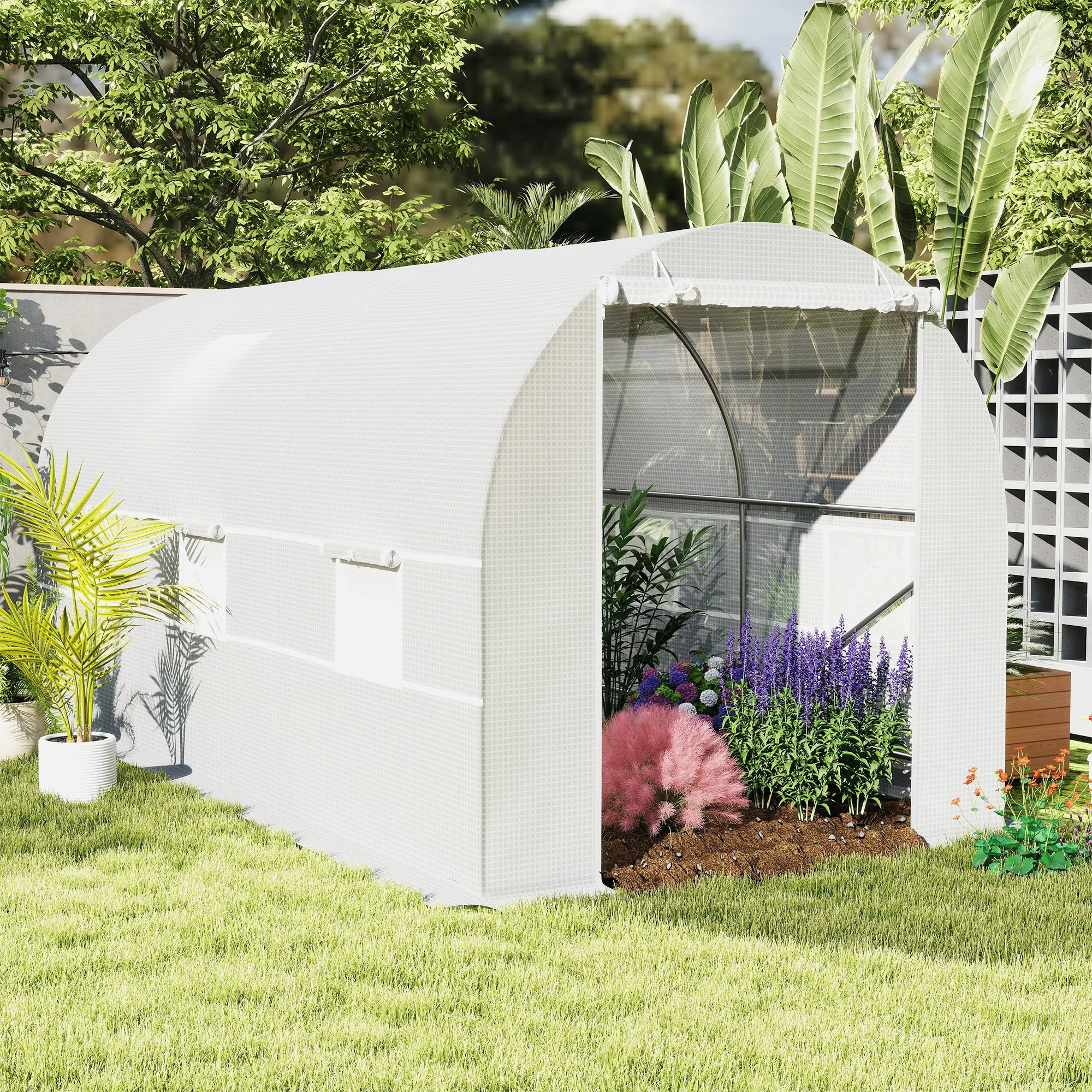 Outsunny 4.5x2x2m Tunnel Greenhouse with PE Cover and Metal Tubes, White - Image 2