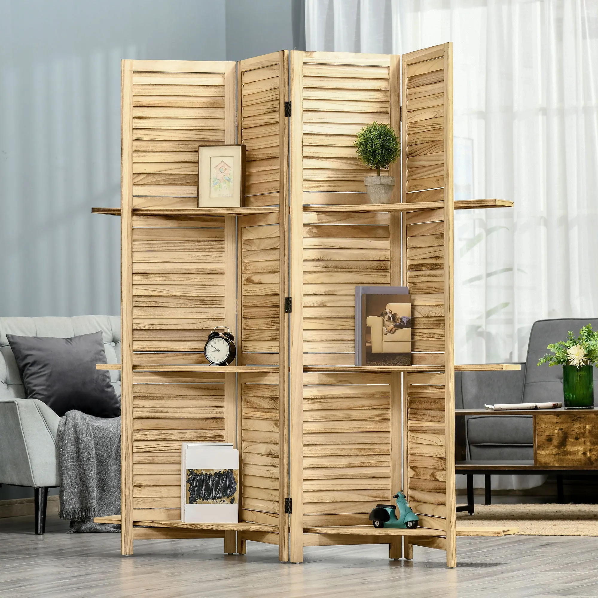 4-Panel Folding Room Divider with Shelves, Paulownia Wood, 162 x 170 cm, Wood - Image 2