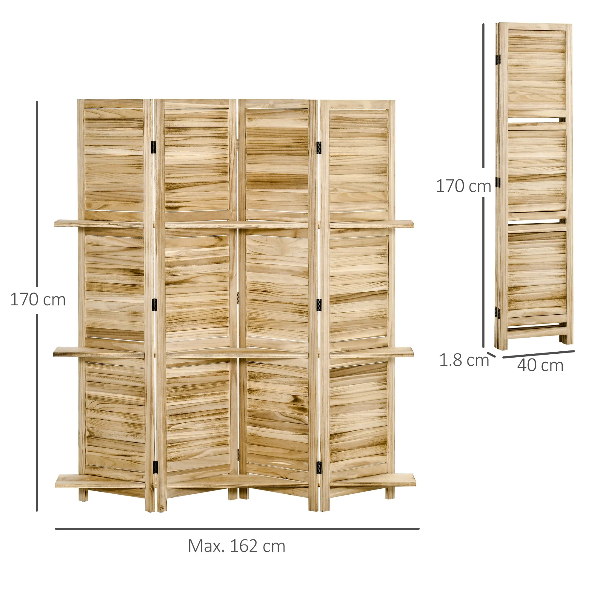 4-Panel Folding Room Divider with Shelves, Paulownia Wood, 162 x 170 cm, Wood - Image 3