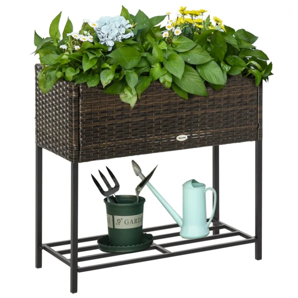 Outsunny Raised Garden Bed, Wicker-Effect Planter with Shelf, Raised Garden Bed for Indoor and Outdoor Use, Brown (70cm x 30cm x 70cm)