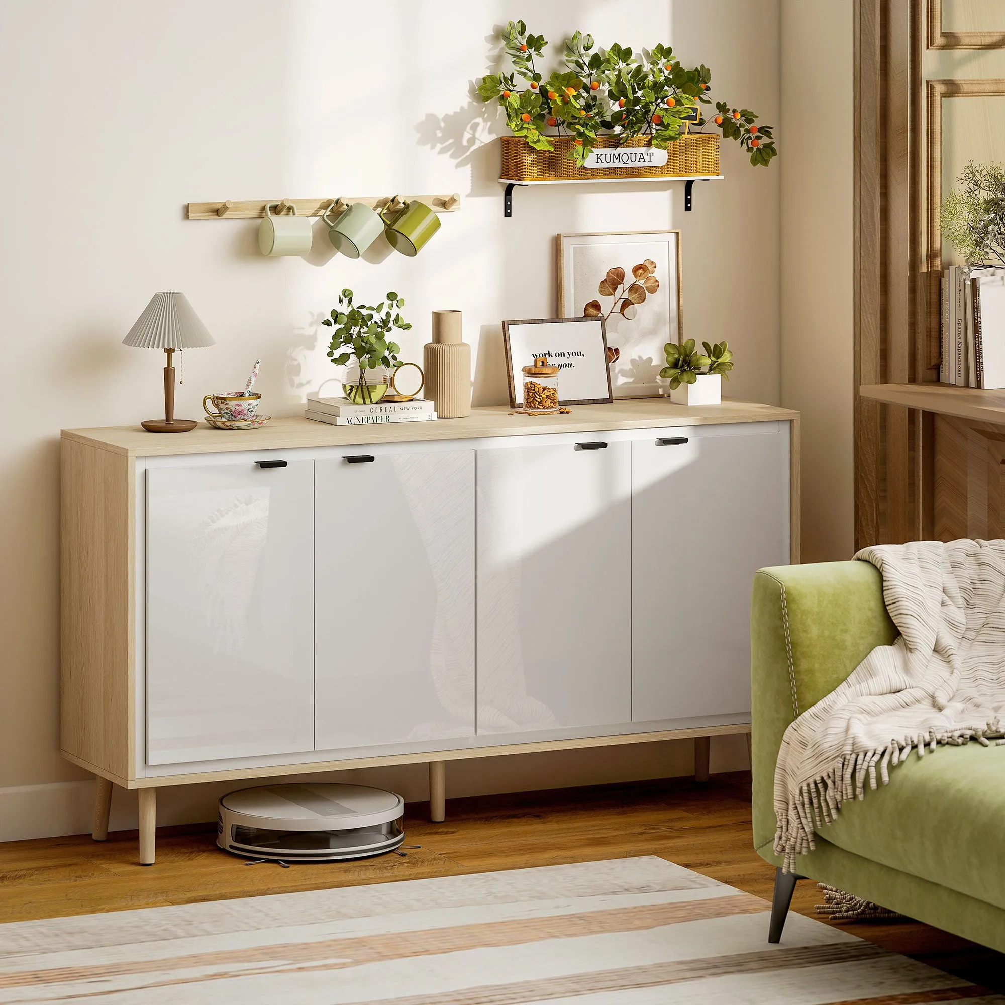 Modern 4-Door Sideboard with Adjustable Shelf, 141x35x77 cm, Gloss White and Oak - Image 2
