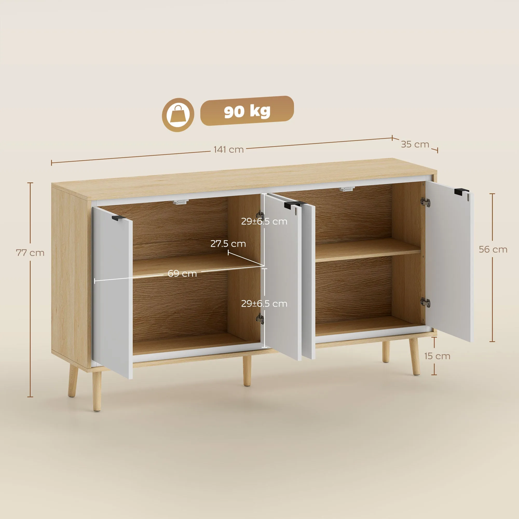 Modern 4-Door Sideboard with Adjustable Shelf, 141x35x77 cm, Gloss White and Oak - Image 3