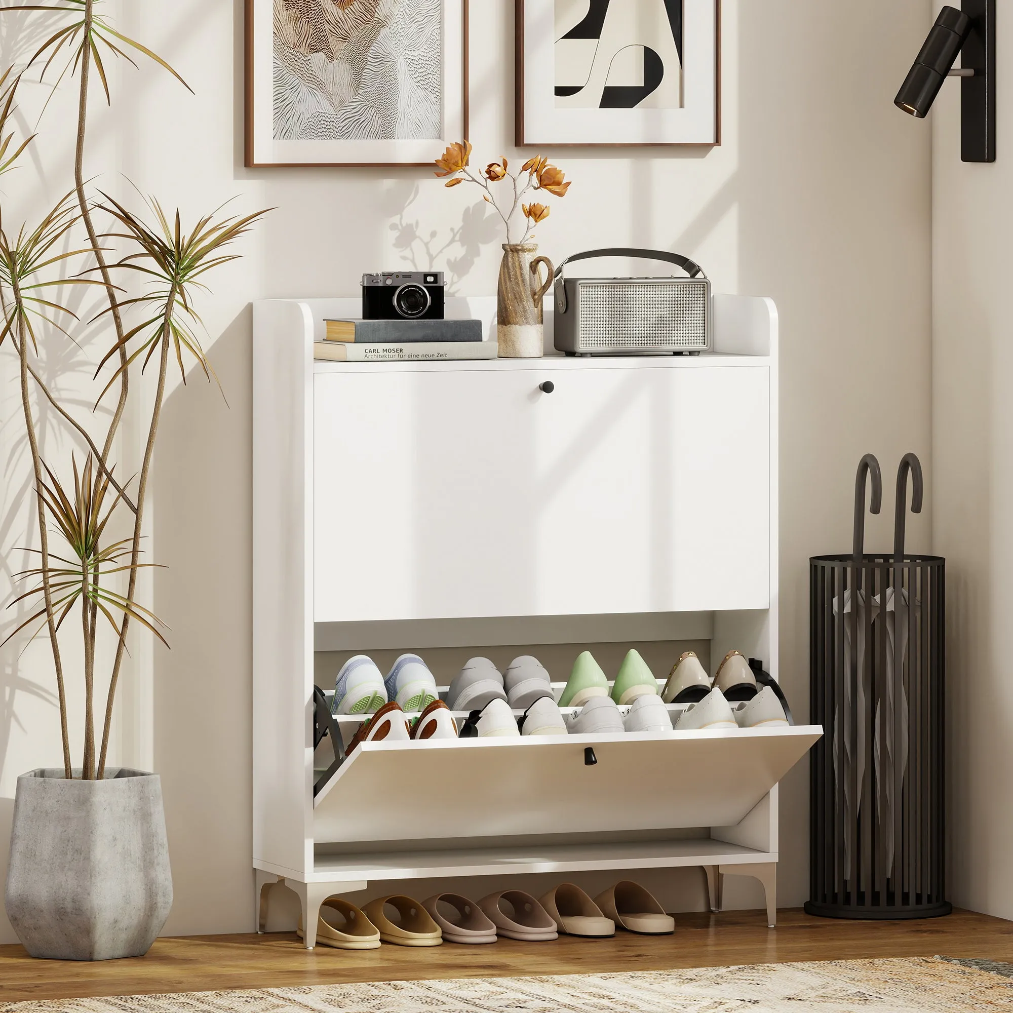 Slim Shoe Rack with 2 Flap Drawers and Adjustable Shelves, Made of Wood and Metal, 80x24x101 cm, White - Image 2