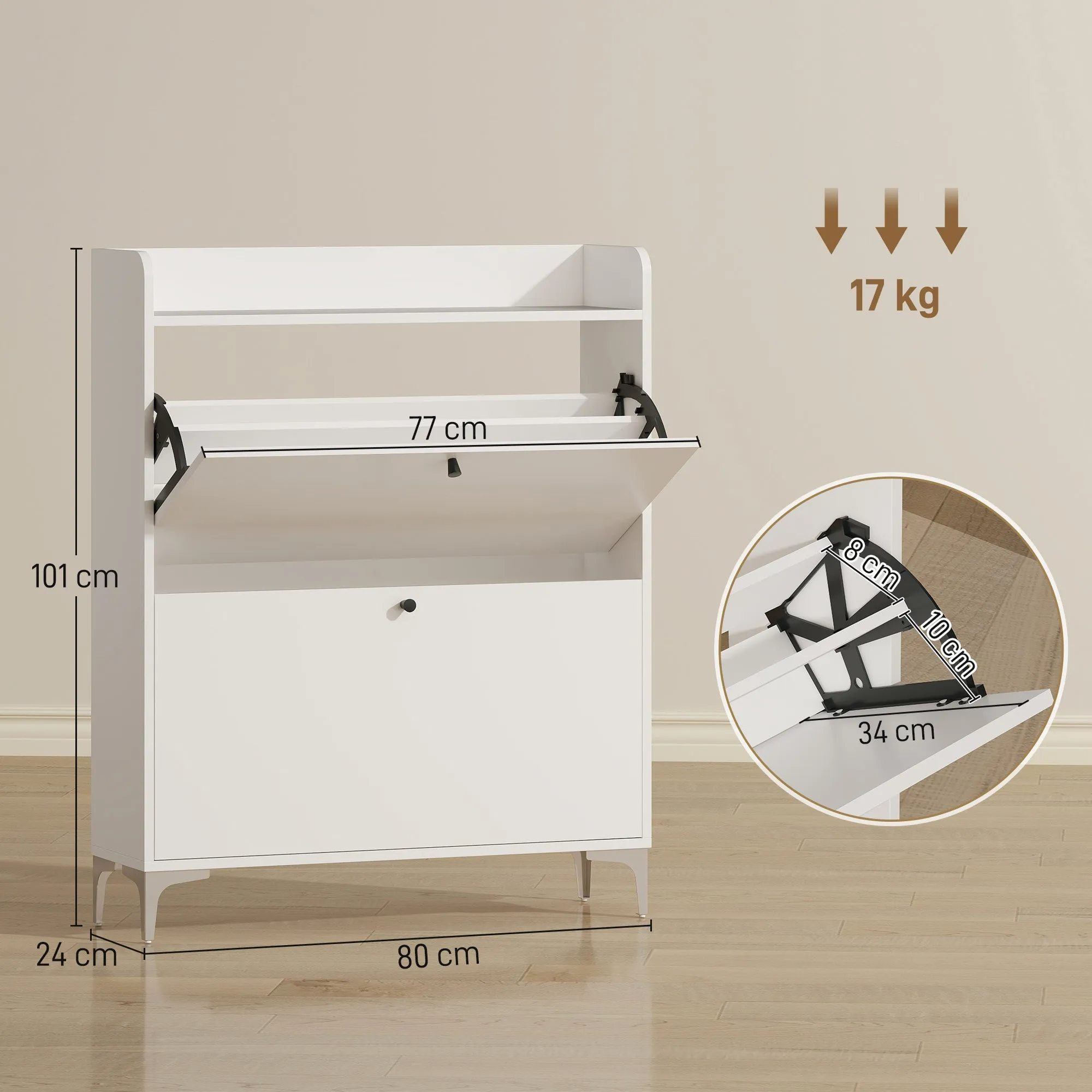 Slim Shoe Rack with 2 Flap Drawers and Adjustable Shelves, Made of Wood and Metal, 80x24x101 cm, White - Image 3