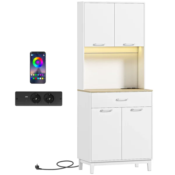 Modern Sideboard with LED Lights, Power Sockets and USB Ports, 2 Cabinets and Drawer, 71x40x180 cm, White