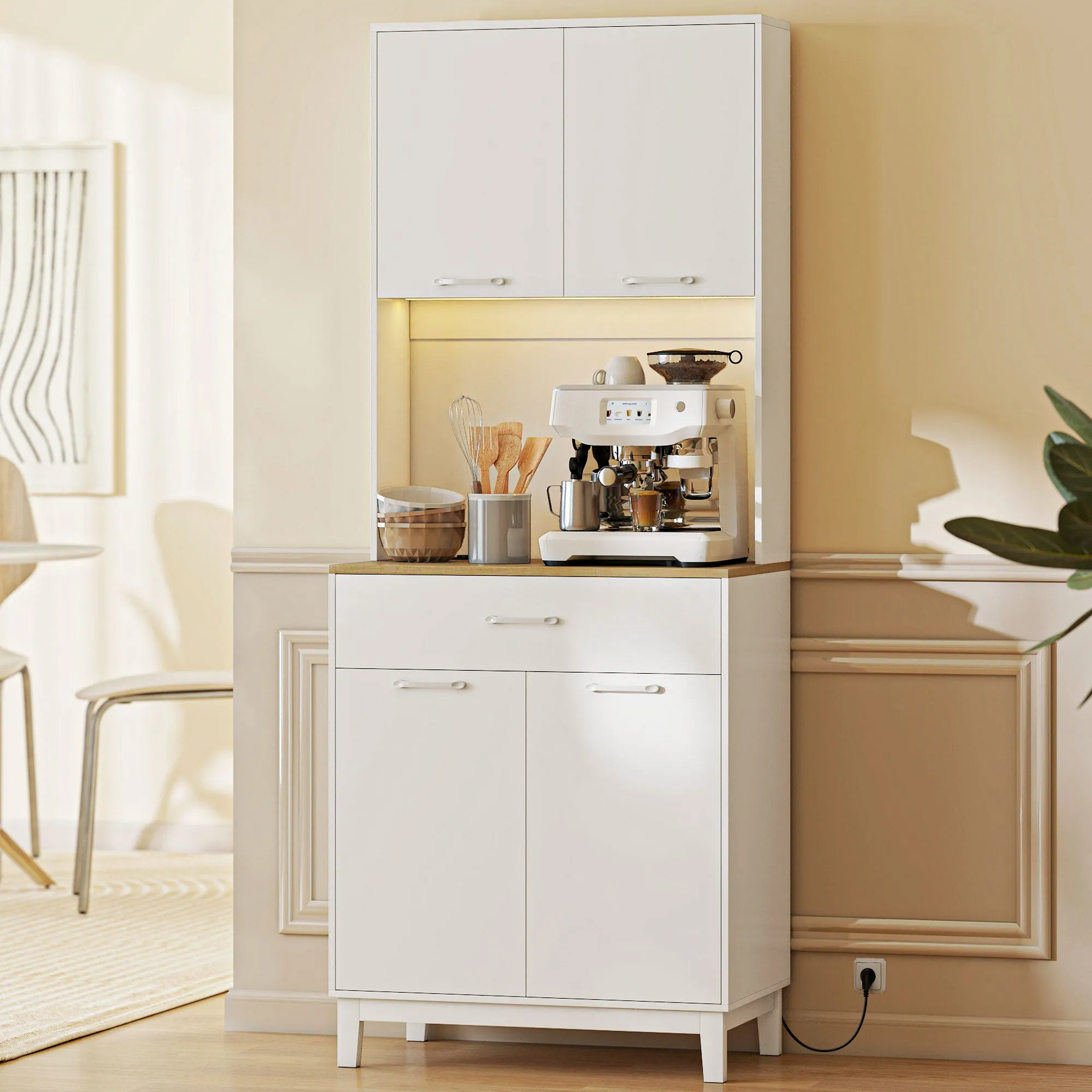 Modern Sideboard with LED Lights, Power Sockets and USB Ports, 2 Cabinets and Drawer, 71x40x180 cm, White - Image 2