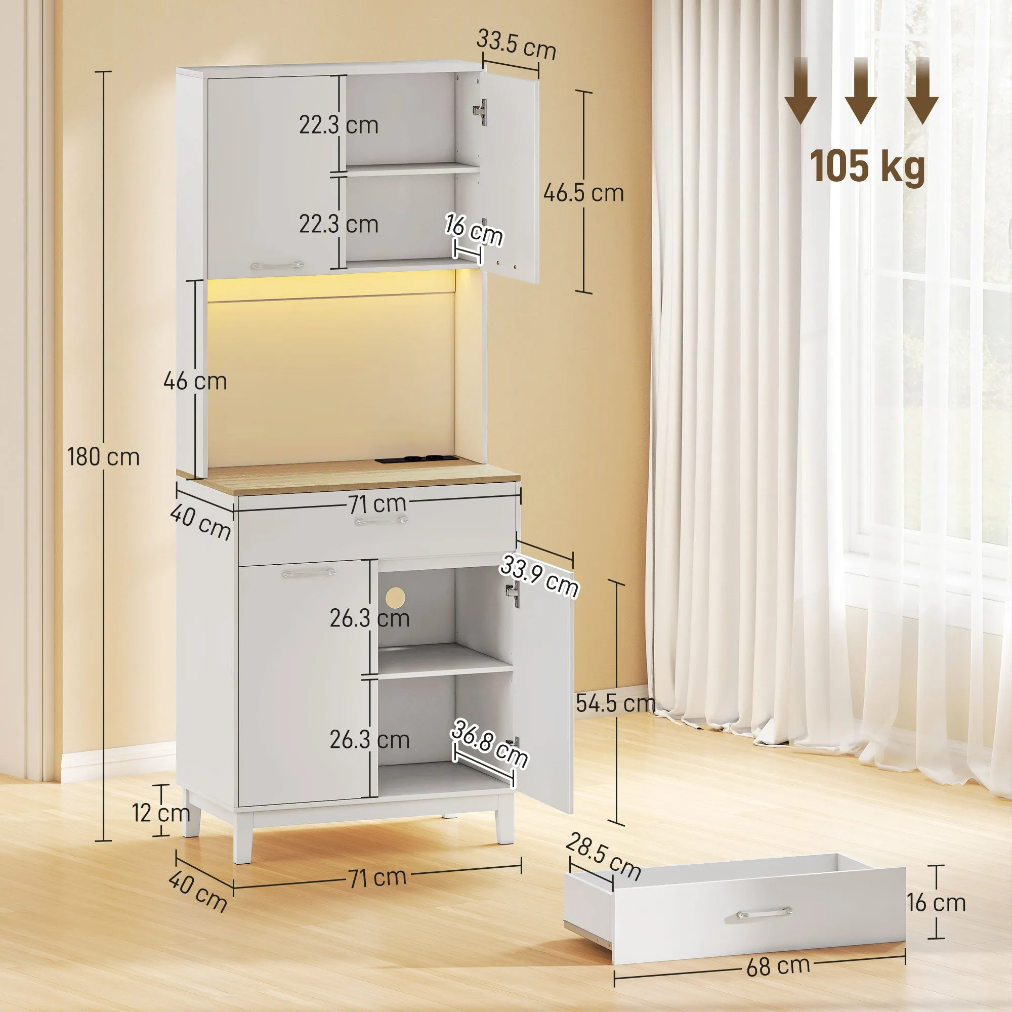 Modern Sideboard with LED Lights, Power Sockets and USB Ports, 2 Cabinets and Drawer, 71x40x180 cm, White - Image 3