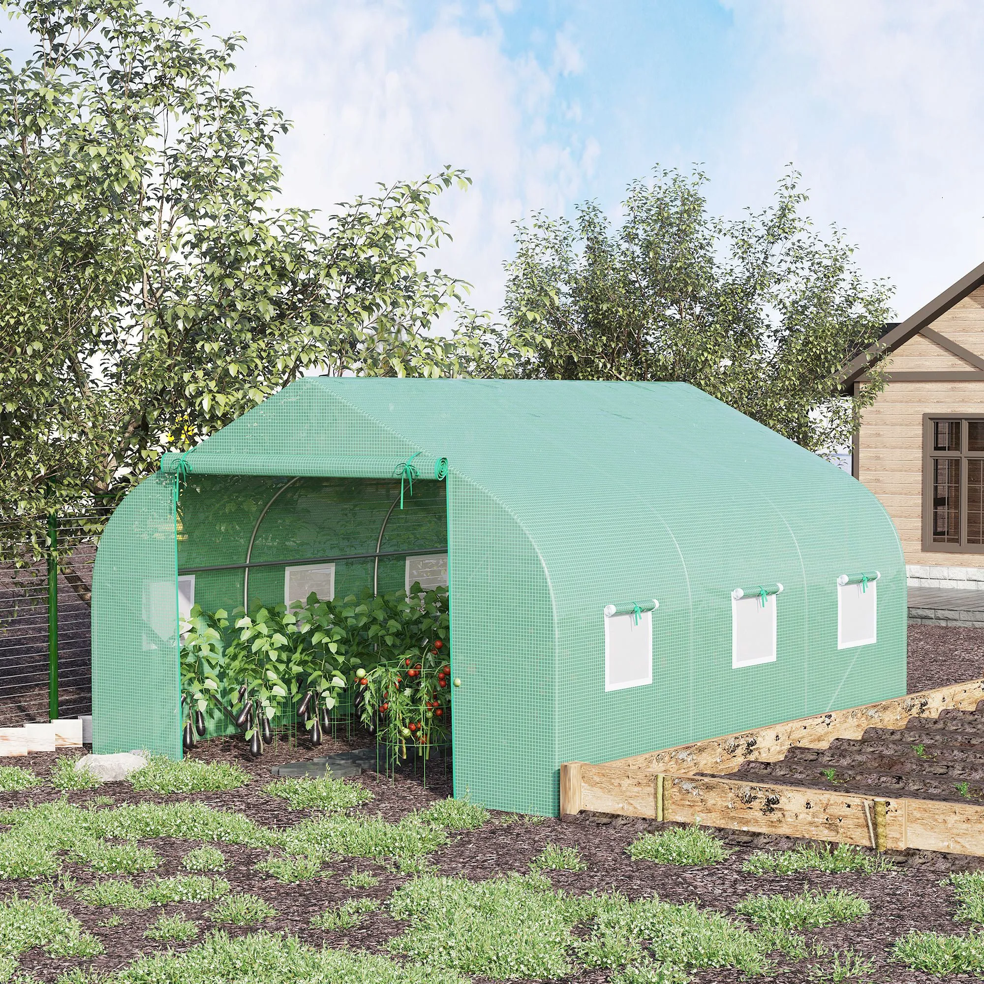 Outsunny 3.5 x 3 x 2m Garden Greenhouse with Sloping PE Roof, Door and 6 Windows, Green - Image 2