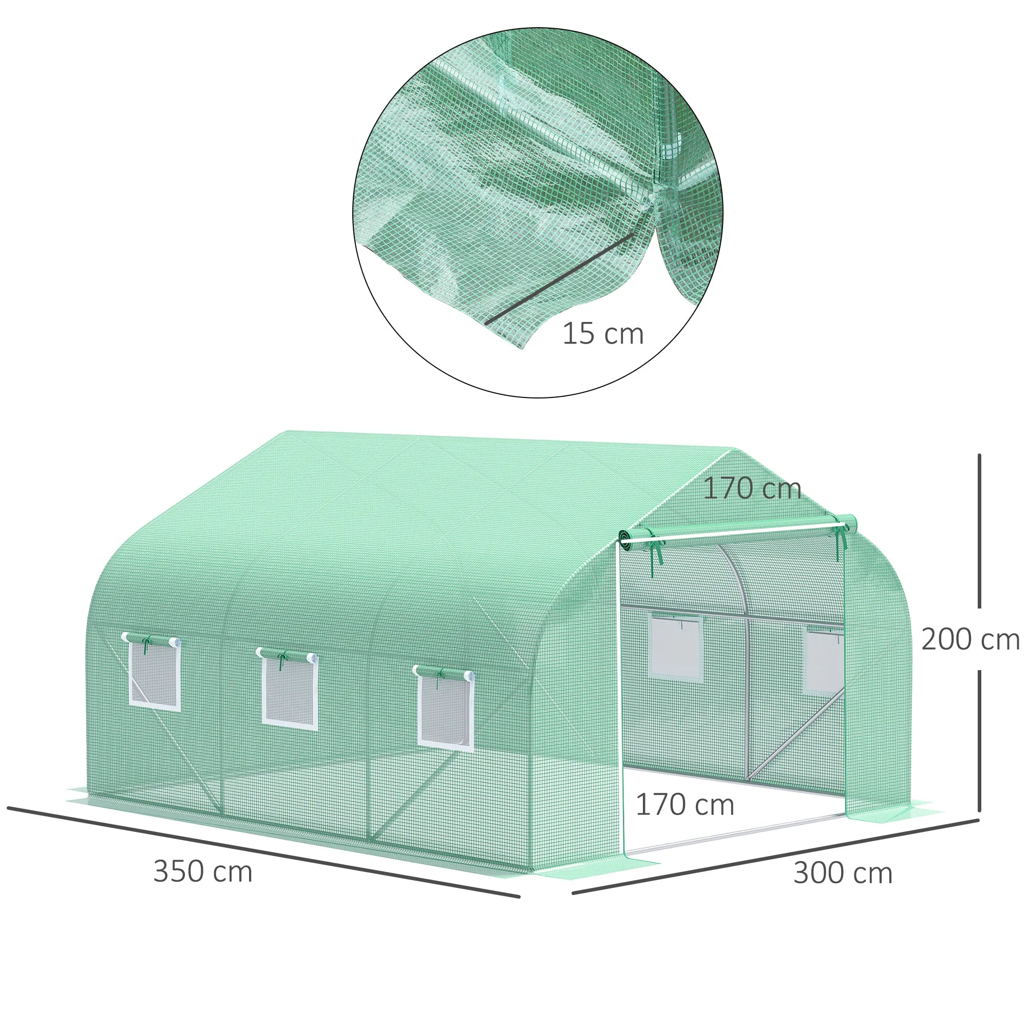Outsunny 3.5 x 3 x 2m Garden Greenhouse with Sloping PE Roof, Door and 6 Windows, Green - Image 3