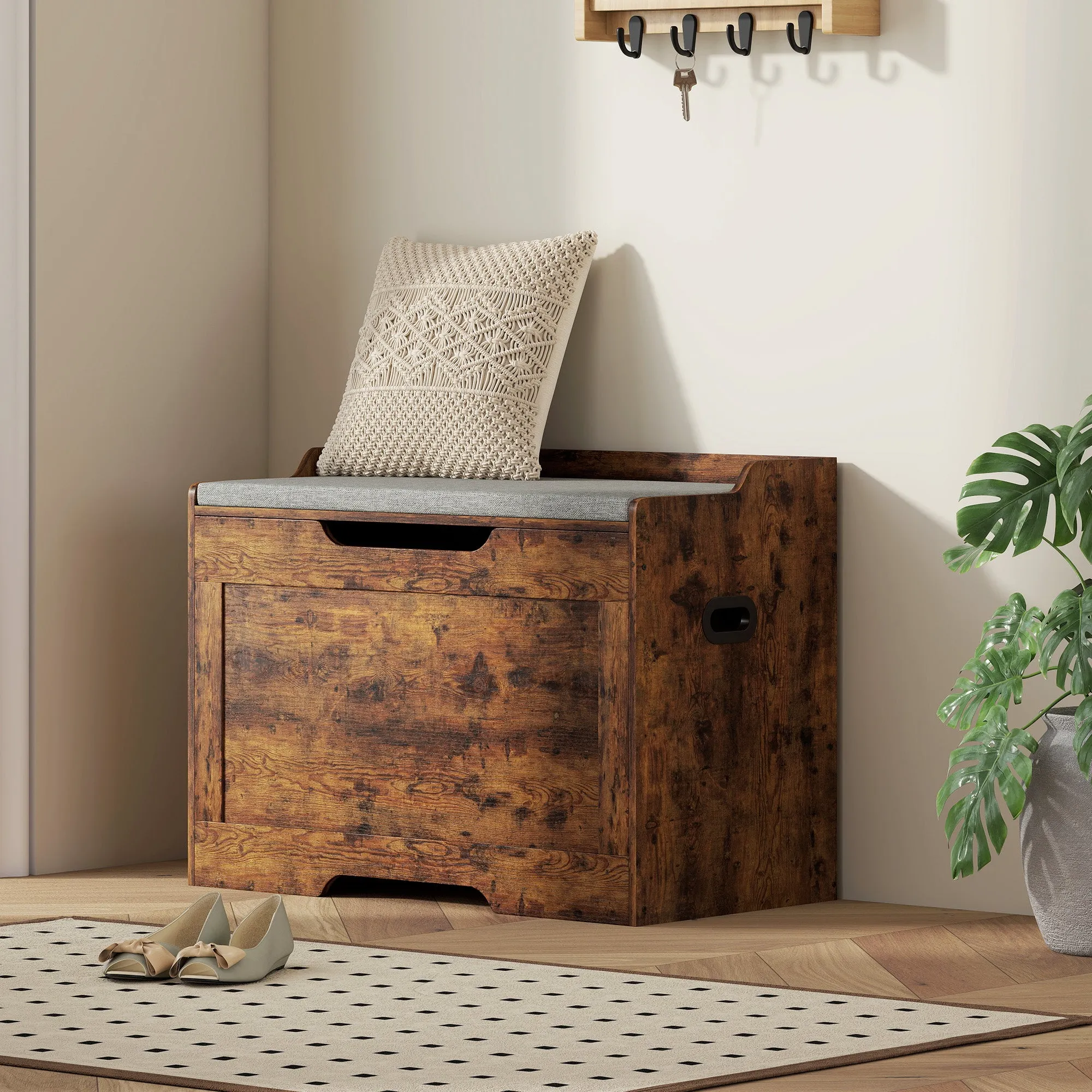 103L Multifunctional Storage Bench in Wood with Grey Fabric Cushion, 75x40x56 cm - Image 2