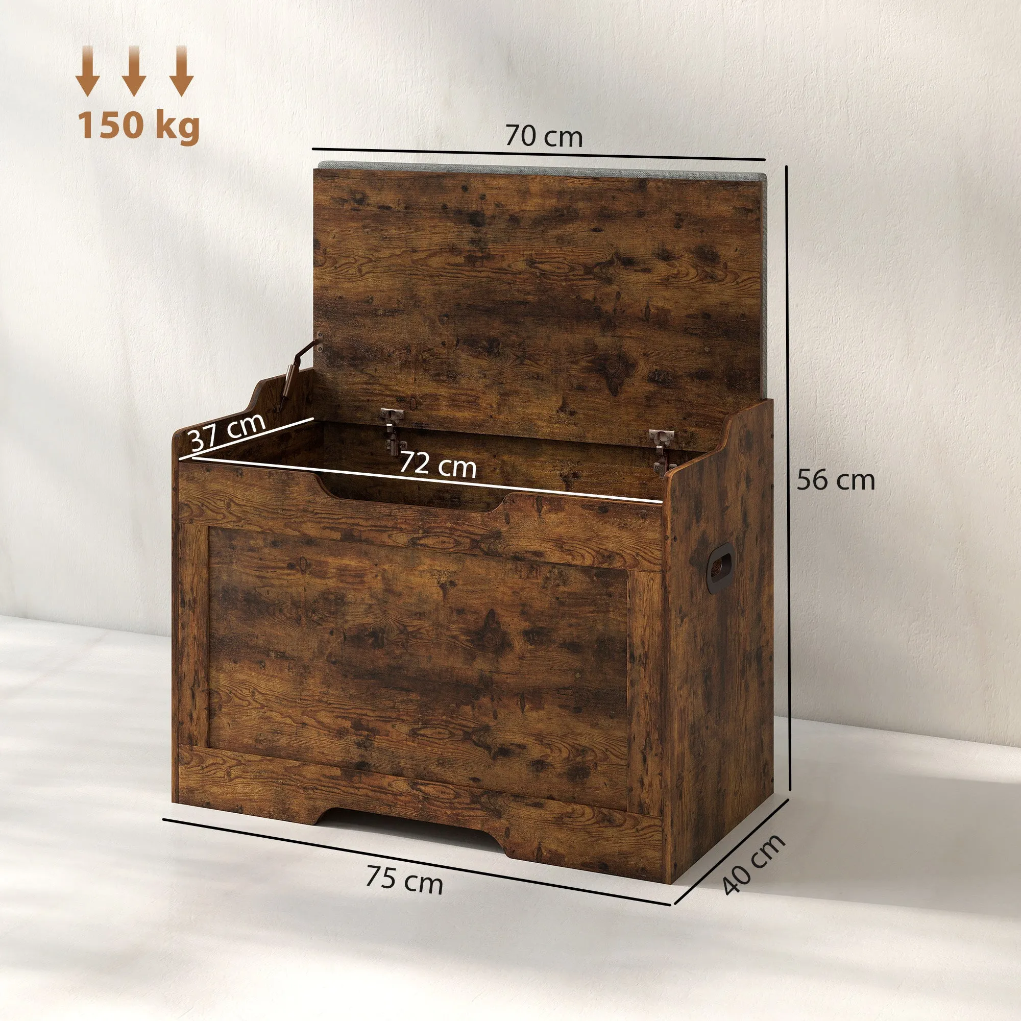 103L Multifunctional Storage Bench in Wood with Grey Fabric Cushion, 75x40x56 cm - Image 3