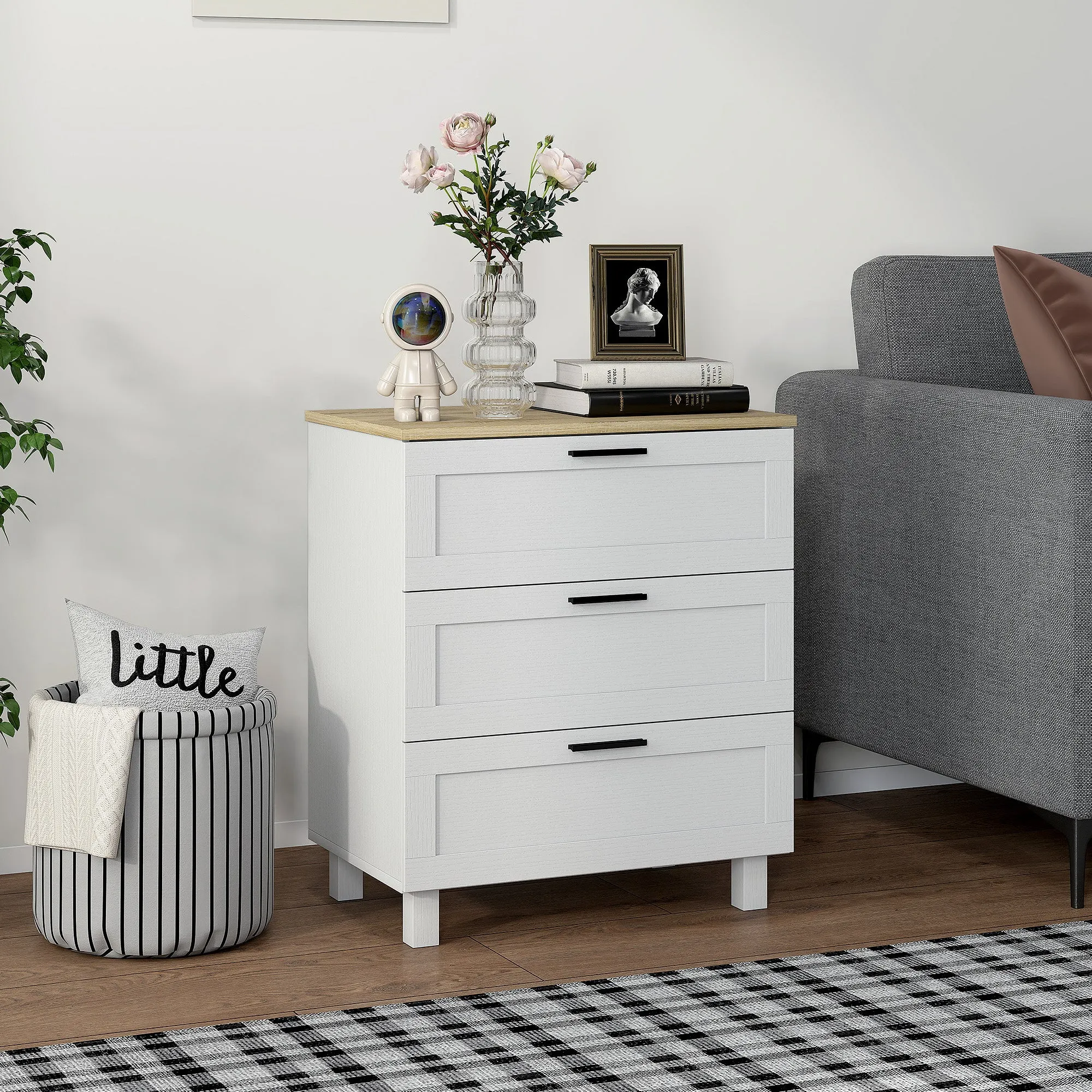 Modern 3-Drawer Wooden Chest of Drawers, 60x38x71 cm, White and Wood Color - Image 2