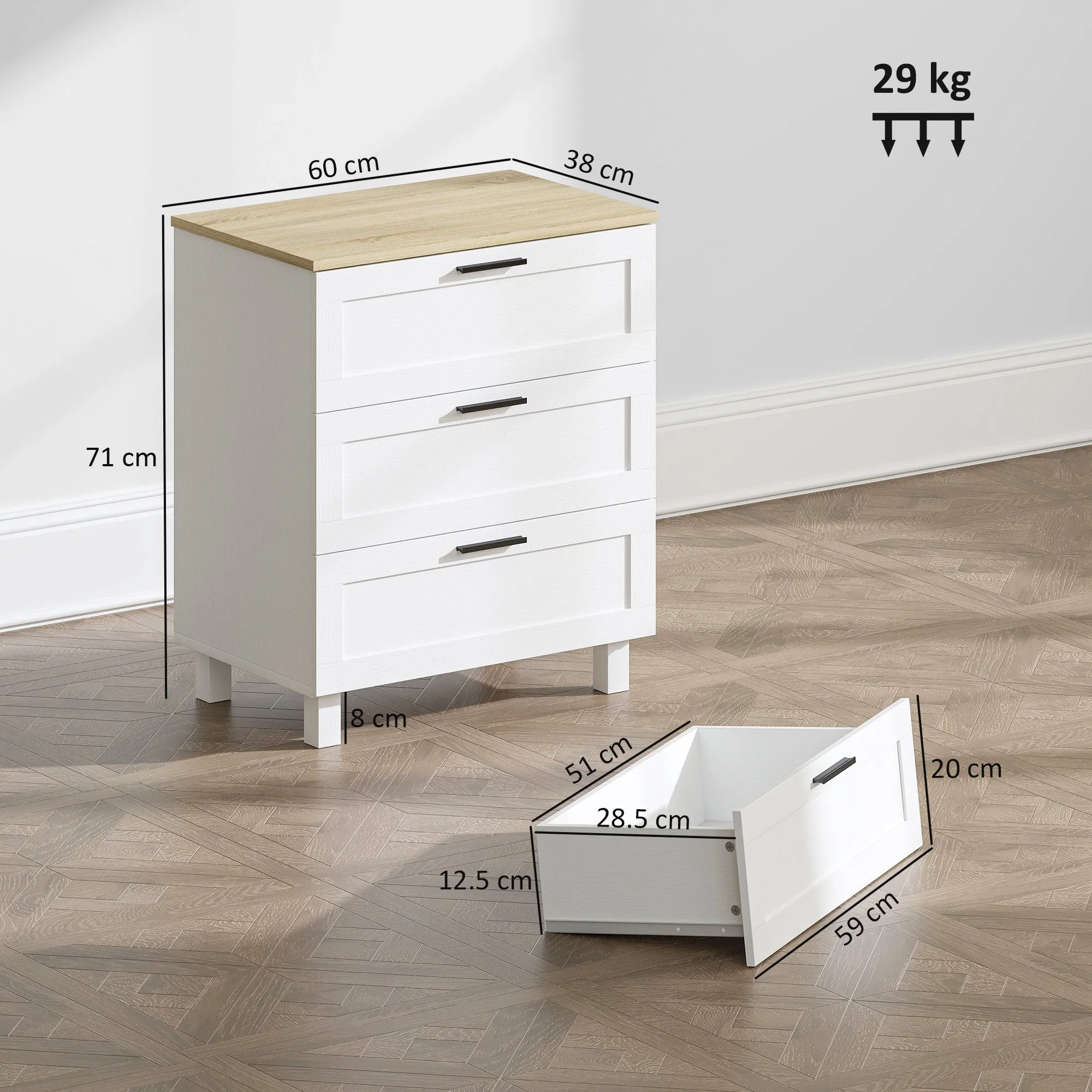 Modern 3-Drawer Wooden Chest of Drawers, 60x38x71 cm, White and Wood Color - Image 3