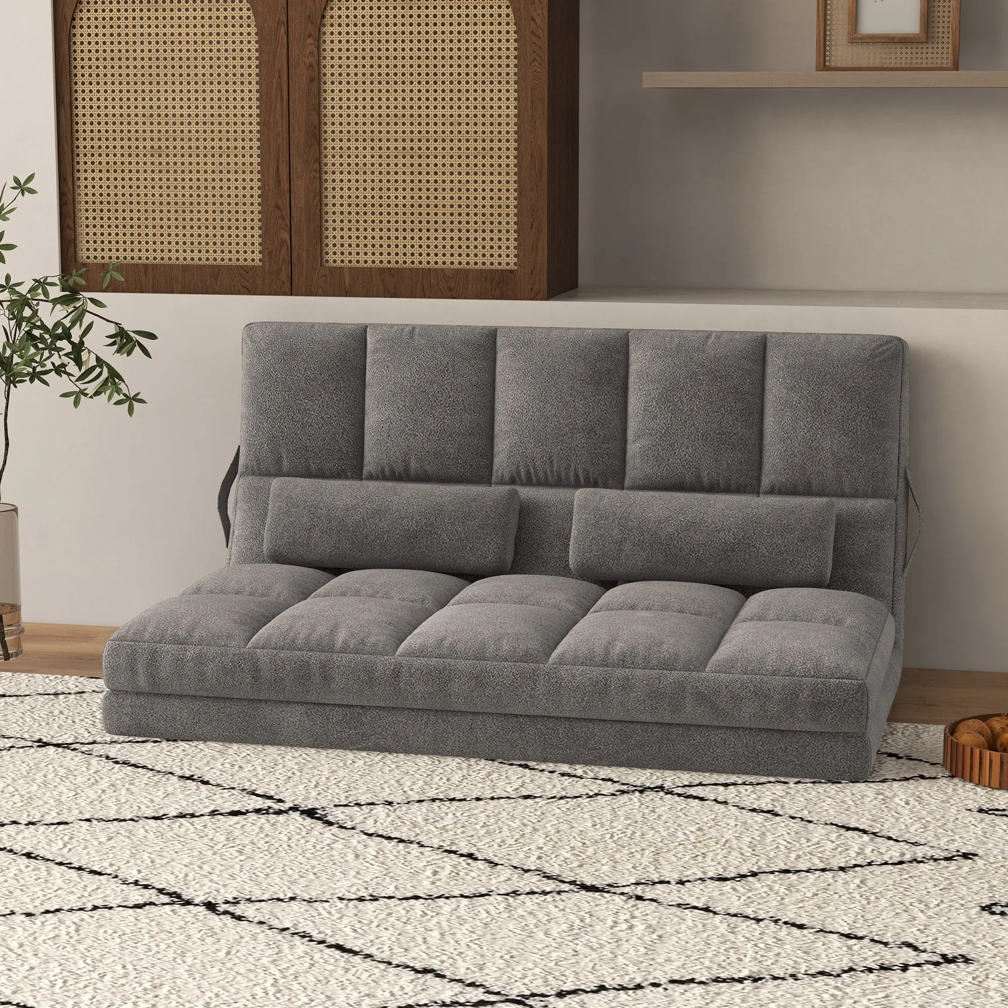 2-in-1 Floor Sofa with 7-Level Reclining Backrest and Cushions, 130x73x60 cm, Charcoal Grey - Image 2
