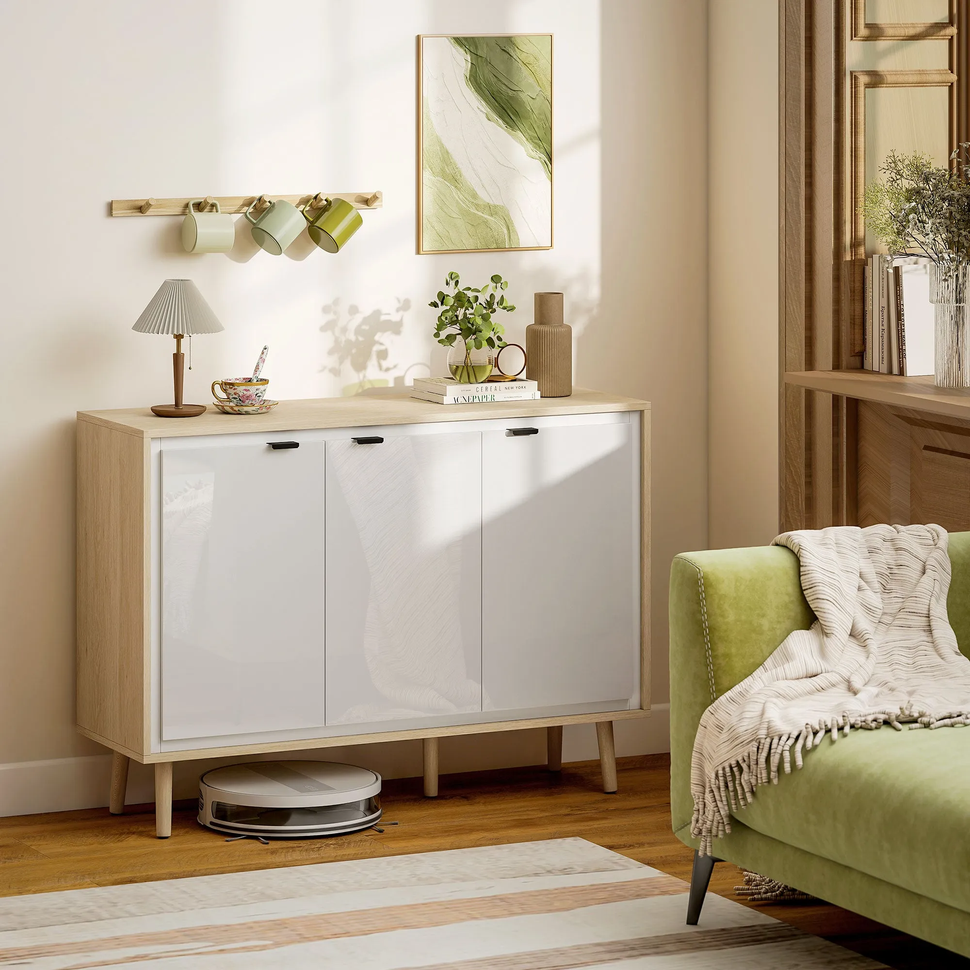 Modern 3-Door Sideboard with Adjustable Shelf, 107x35x77 cm, Gloss White and Oak - Image 2