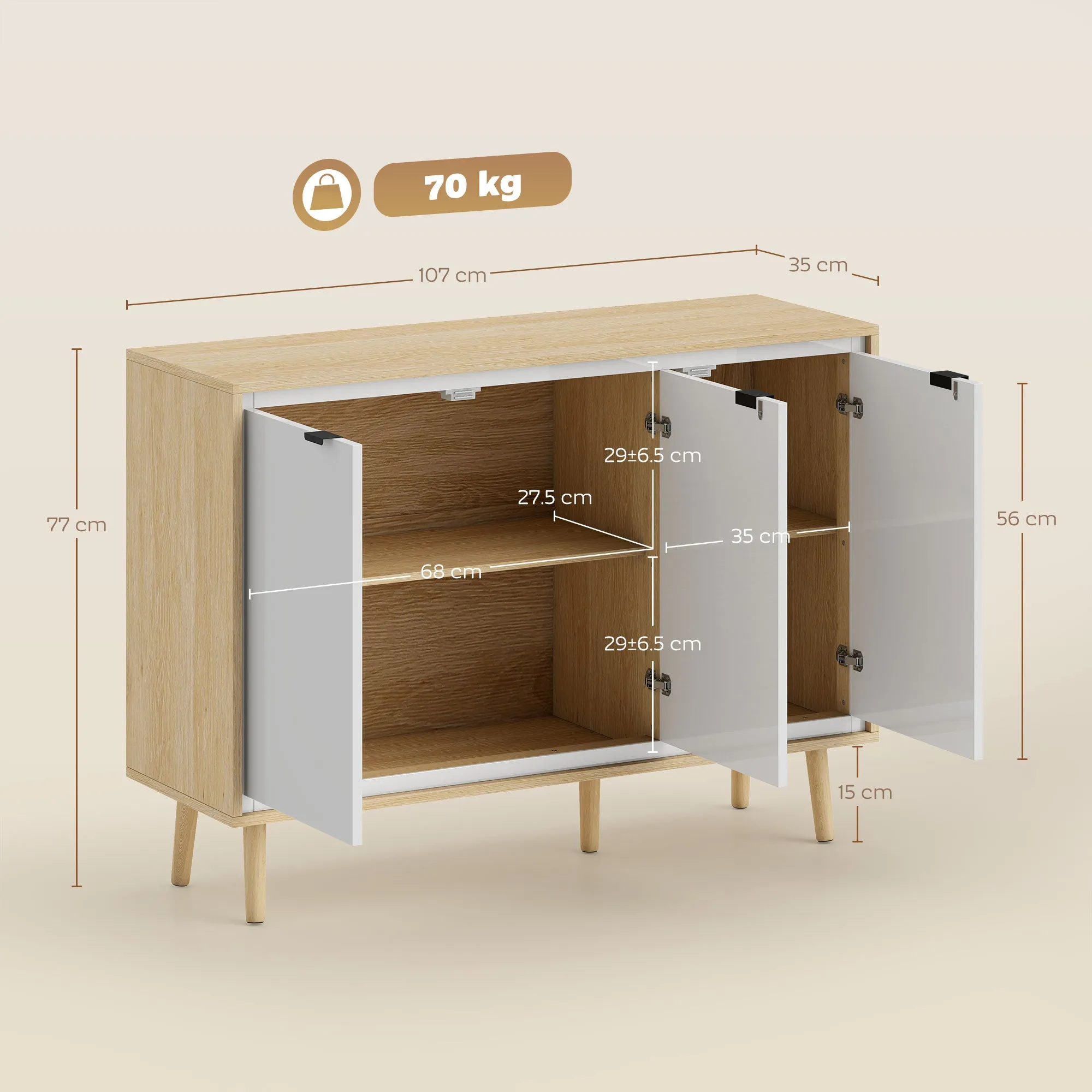 Modern 3-Door Sideboard with Adjustable Shelf, 107x35x77 cm, Gloss White and Oak - Image 3